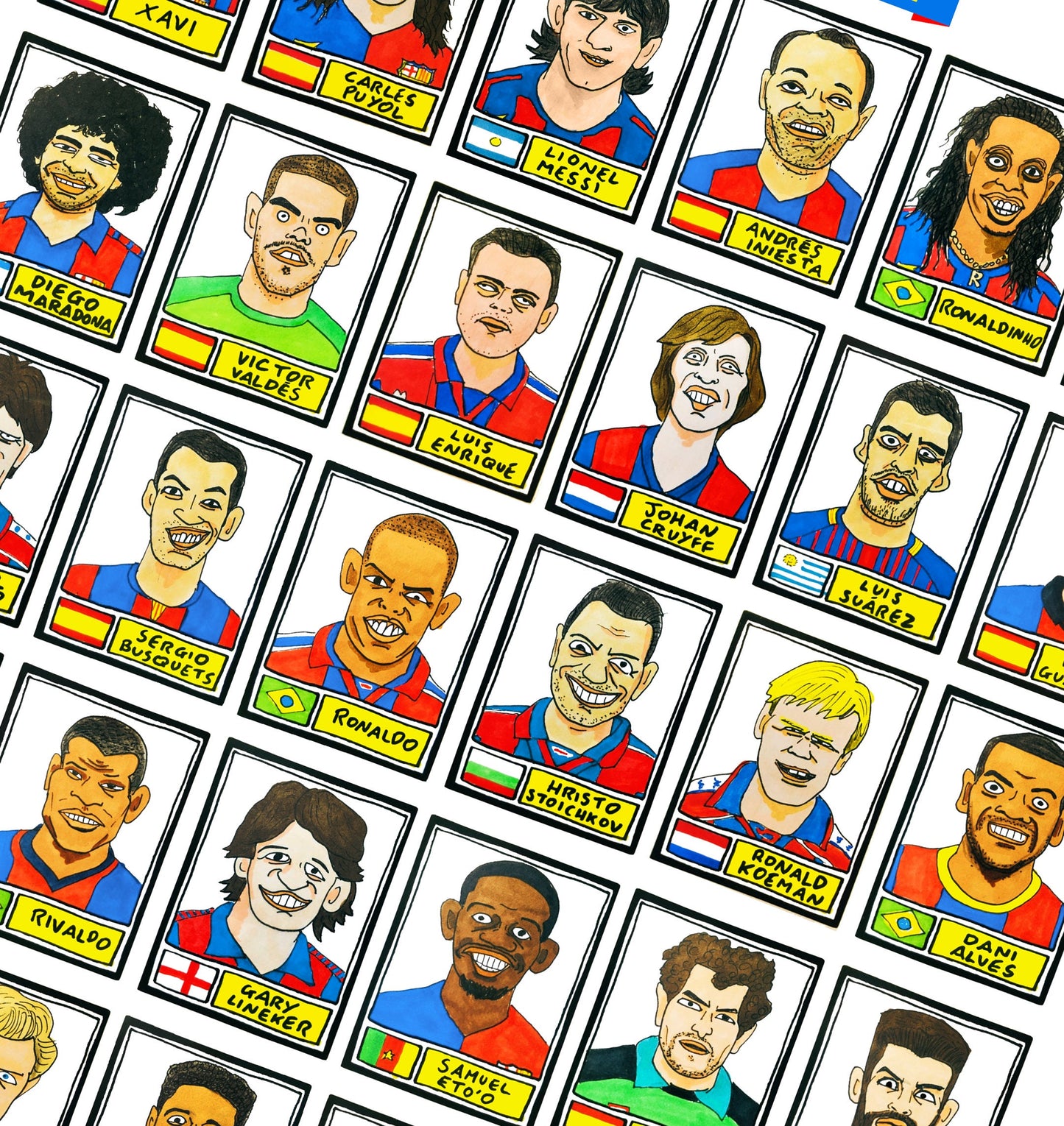 Barcelona - No Score Draws Nou Camp Edition - A3 print of 36 hand-drawn Panini-style football sticker legends - Cheapskate football art