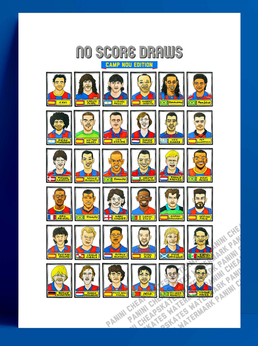 Barcelona - No Score Draws Nou Camp Edition - A3 print of 36 hand-drawn Panini-style football sticker legends - Cheapskate football art