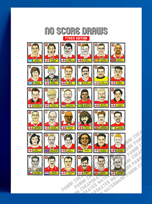 Barnsley - No Score Draws Tykes Edition - A3 print of 36 hand-drawn Panini-sticker-style Barnsley icons - Cheapskate football art