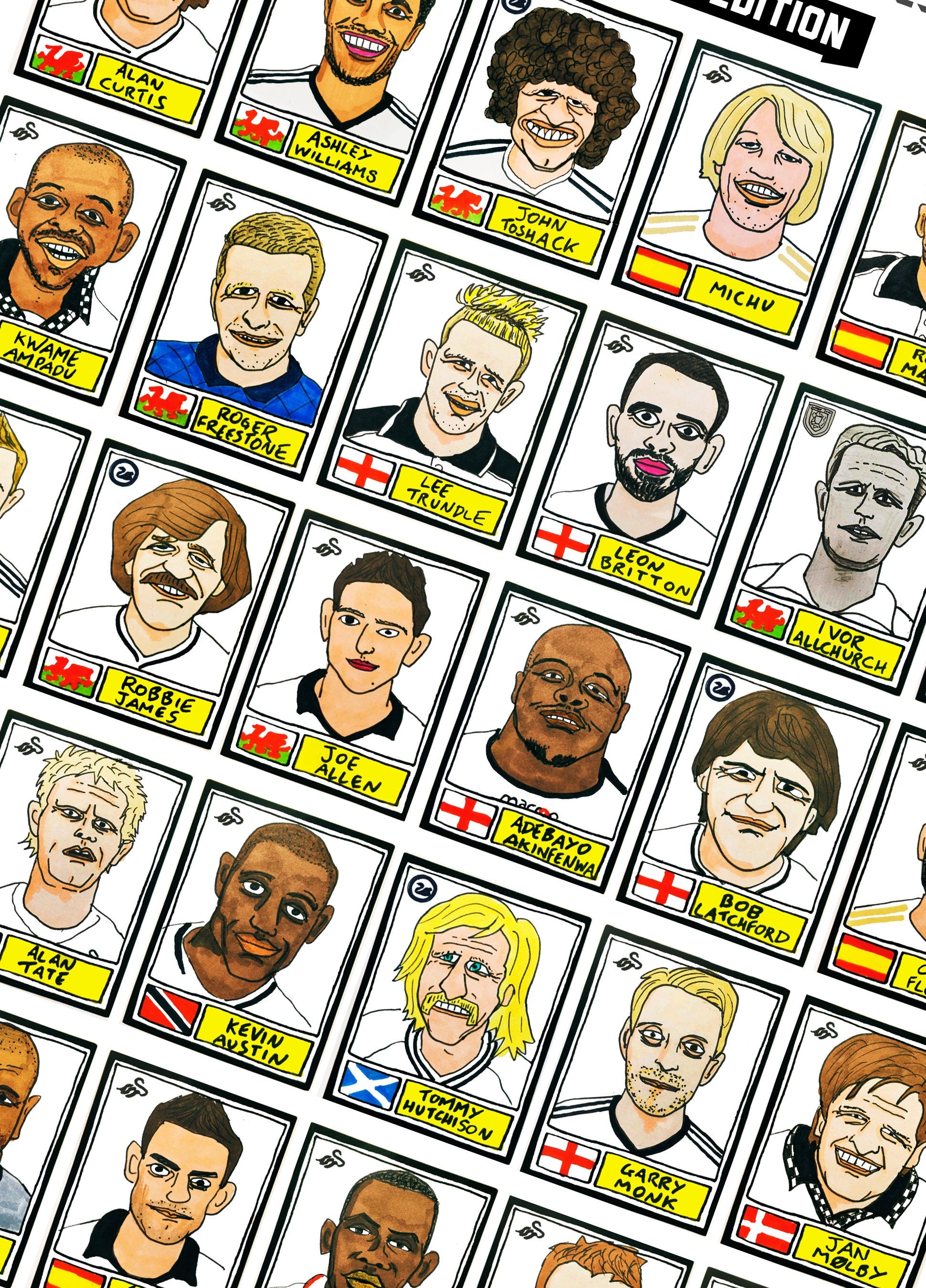 Swansea City - No Score Draws Swans Edition - A3 print of 36 hand-drawn Panini-style football sticker legends - Cheapskate football art