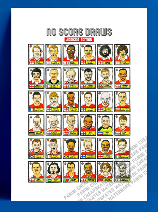 Charlton Athletic - No Score Draws Addicks Edition - A3 print of 36 hand-drawn Panini-sticker-style CAFC icons - Cheapskate football art