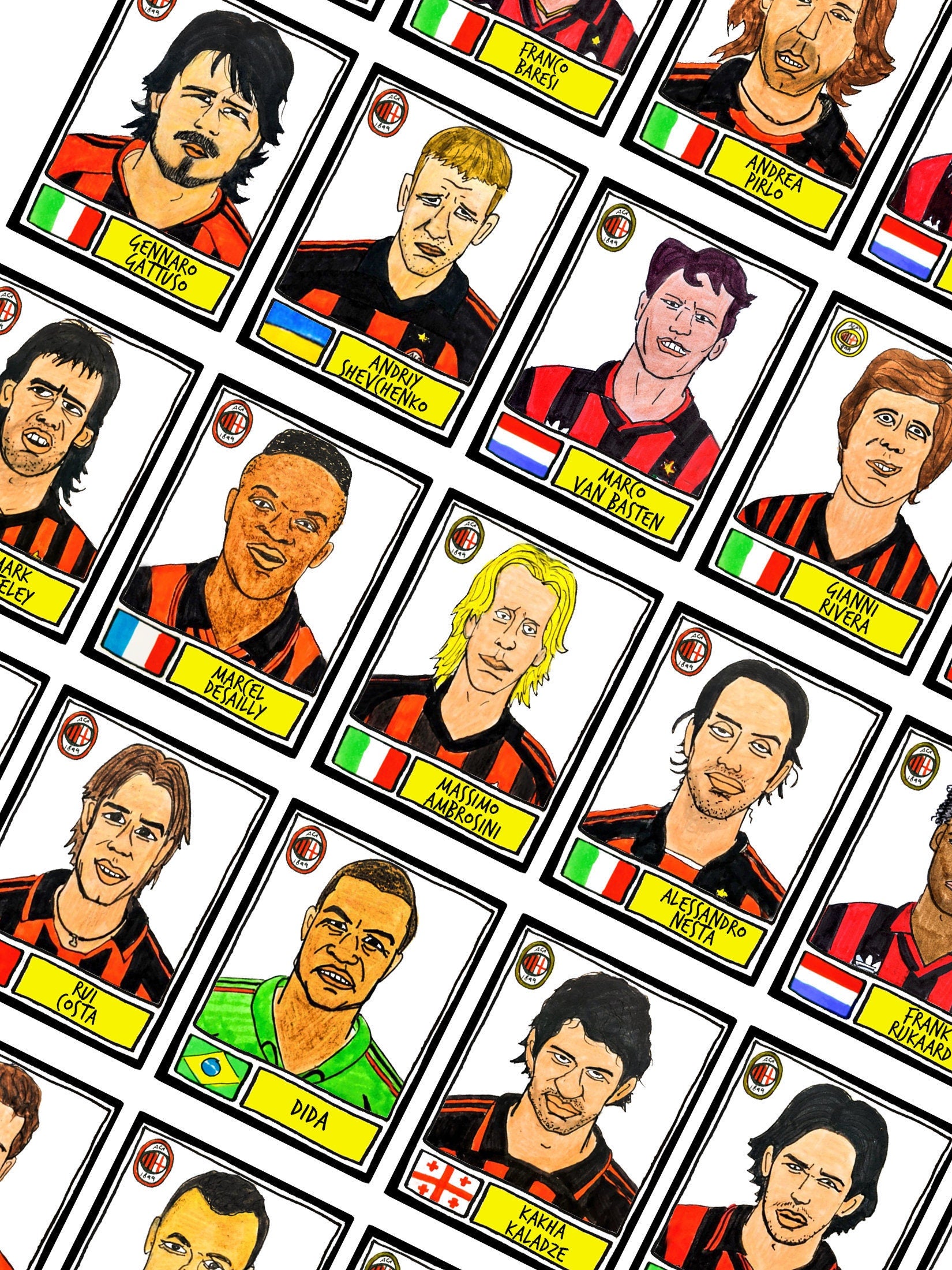 AC Milan - No Score Draws Rossoneri Edition - A3 print of 36 hand-drawn Panini-style football sticker legends - Cheapskate football art