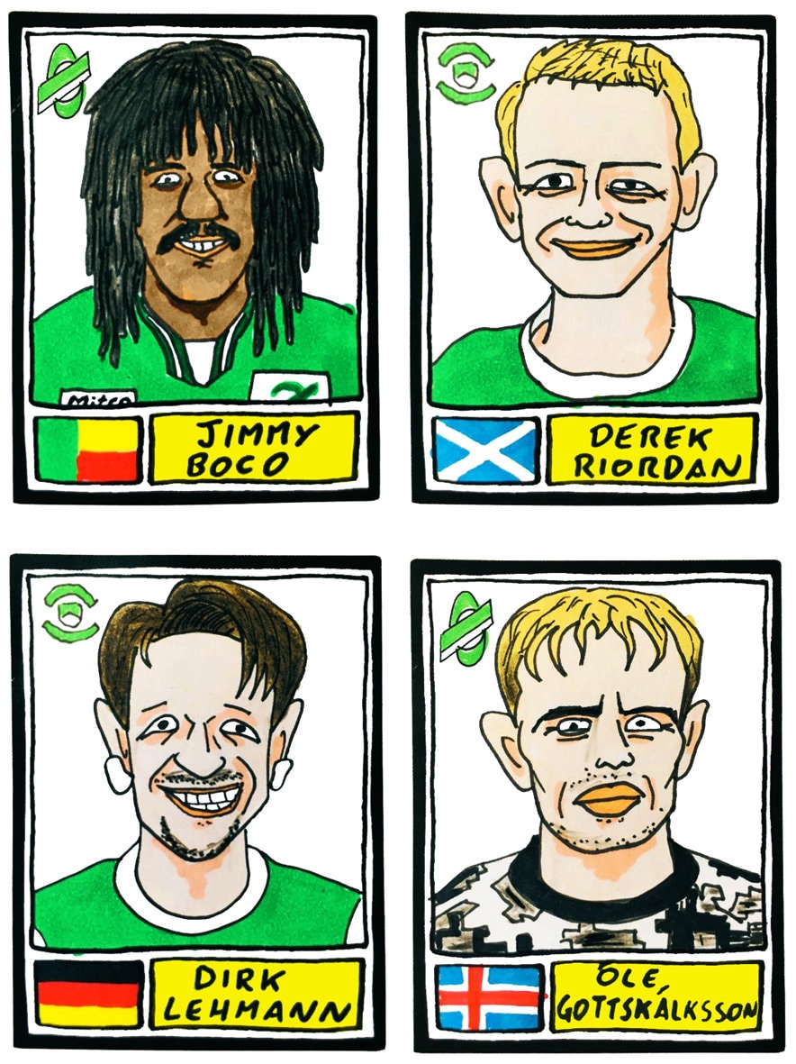 Hibs - No Score Draws Hibees Edition - A3 print of 36 hand-drawn Panini-style Hibernian football legends - Cheapskate football art