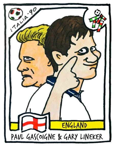 Italia '90 - No Score Draws Italia '90 Edition - A3 print of 36 hand-drawn Panini-style football sticker legends - Cheapskate football art