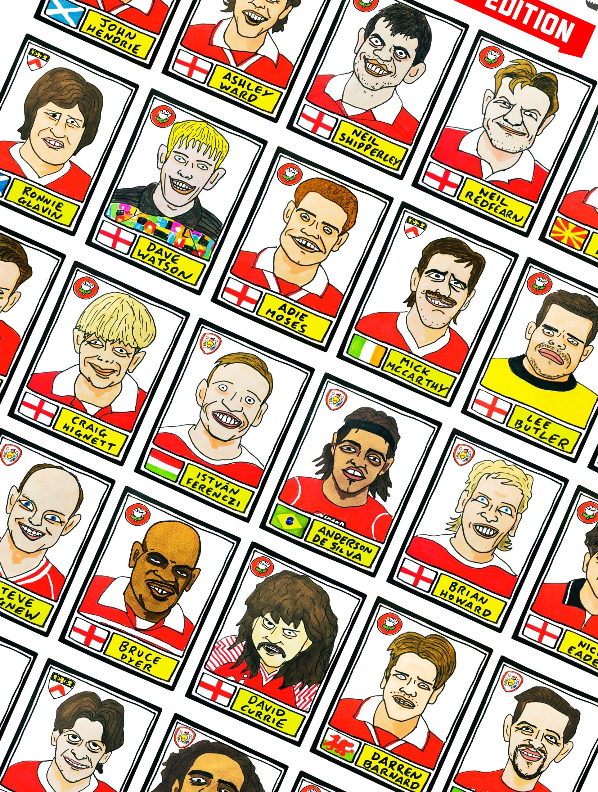 Barnsley - No Score Draws Tykes Edition - A3 print of 36 hand-drawn Panini-sticker-style Barnsley icons - Cheapskate football art