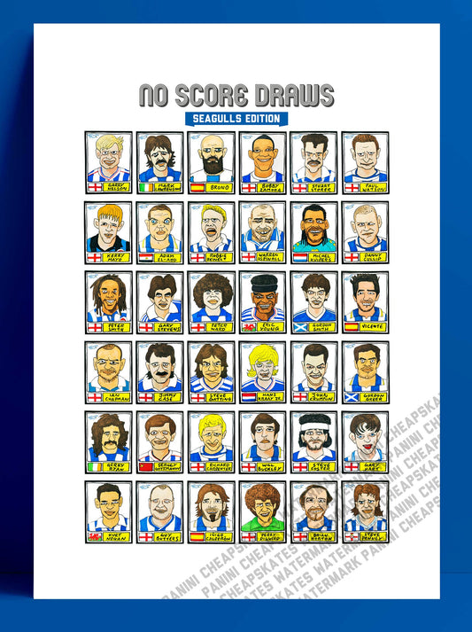 Brighton - No Score Draws Seagulls Edition - A3 print of 36 hand-drawn Panini-style Brighton legends - Cheapskate football art