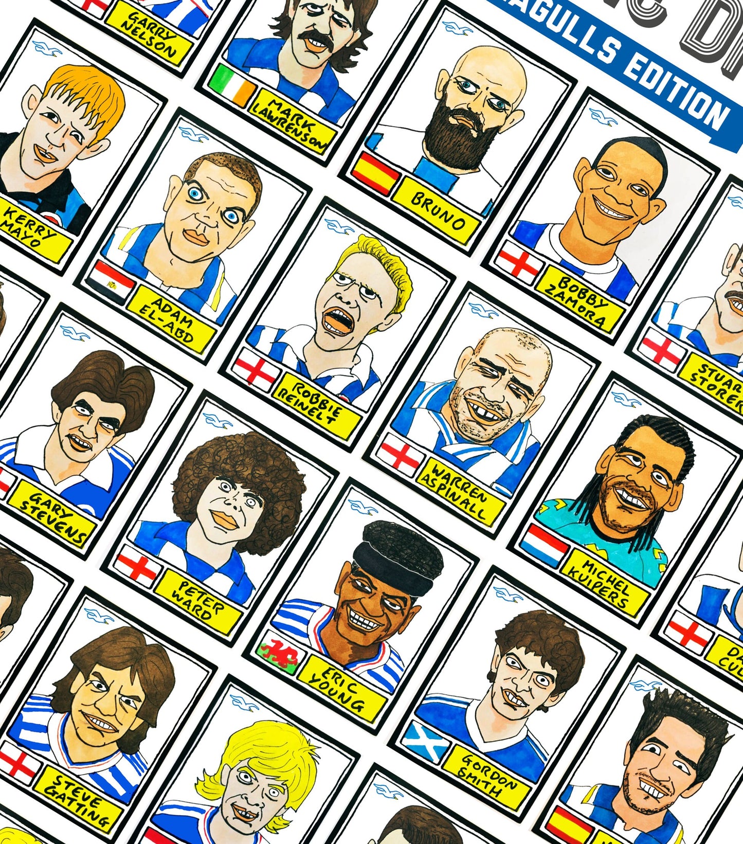 Brighton - No Score Draws Seagulls Edition - A3 print of 36 hand-drawn Panini-style Brighton legends - Cheapskate football art