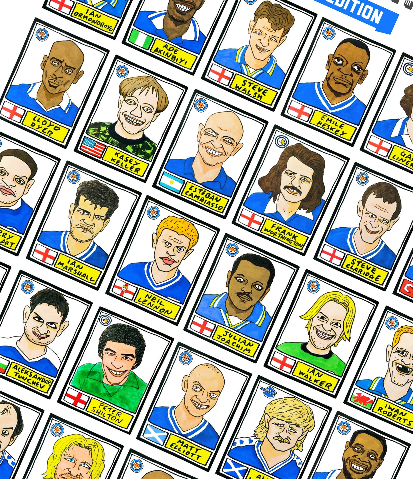 Leicester City Volume 2 - No Score Draws Foxes Edition - A3 print of 36 Panini-style football sticker legends - Cheapskate football art