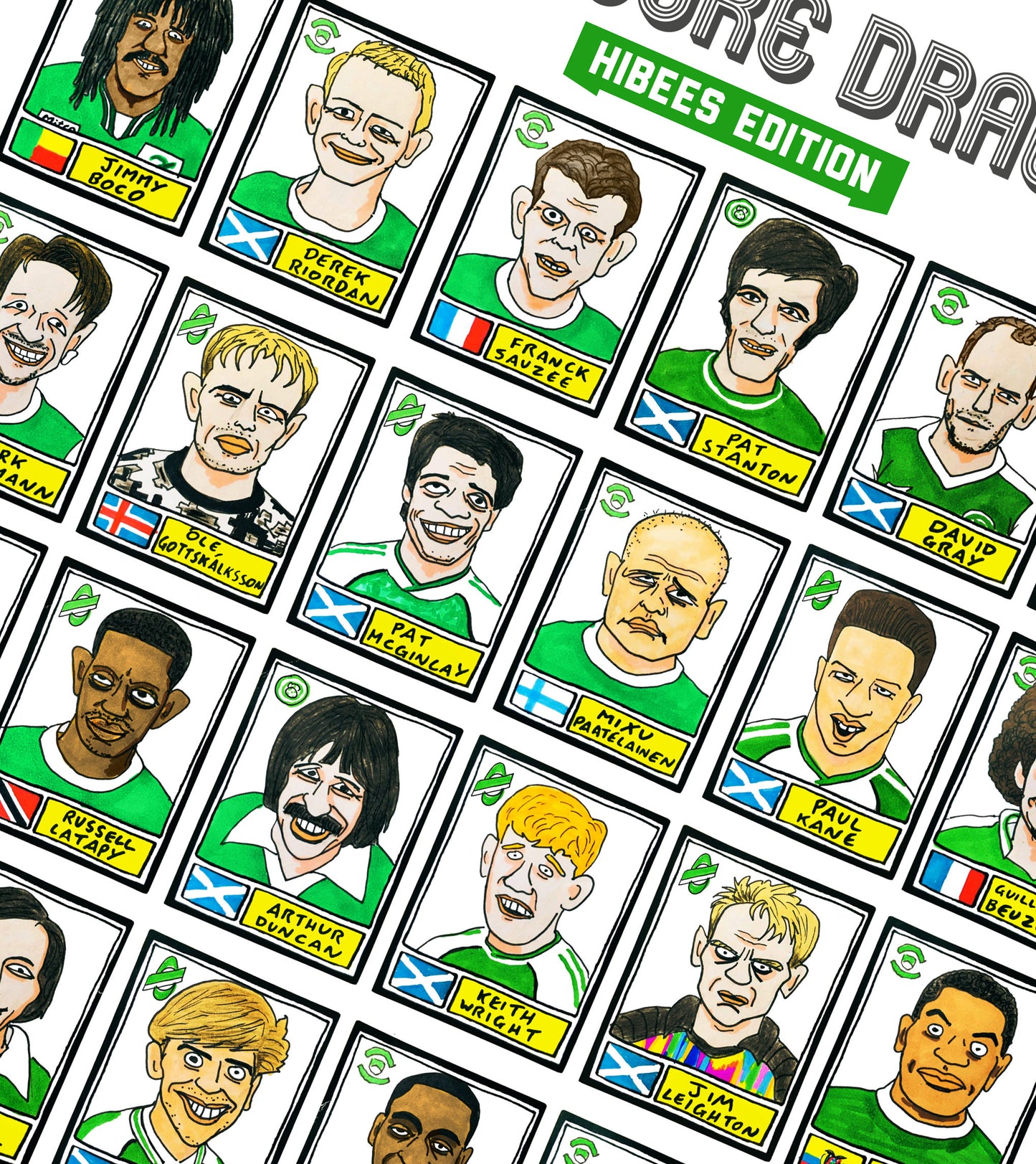 Hibs - No Score Draws Hibees Edition - A3 print of 36 hand-drawn Panini-style Hibernian football legends - Cheapskate football art