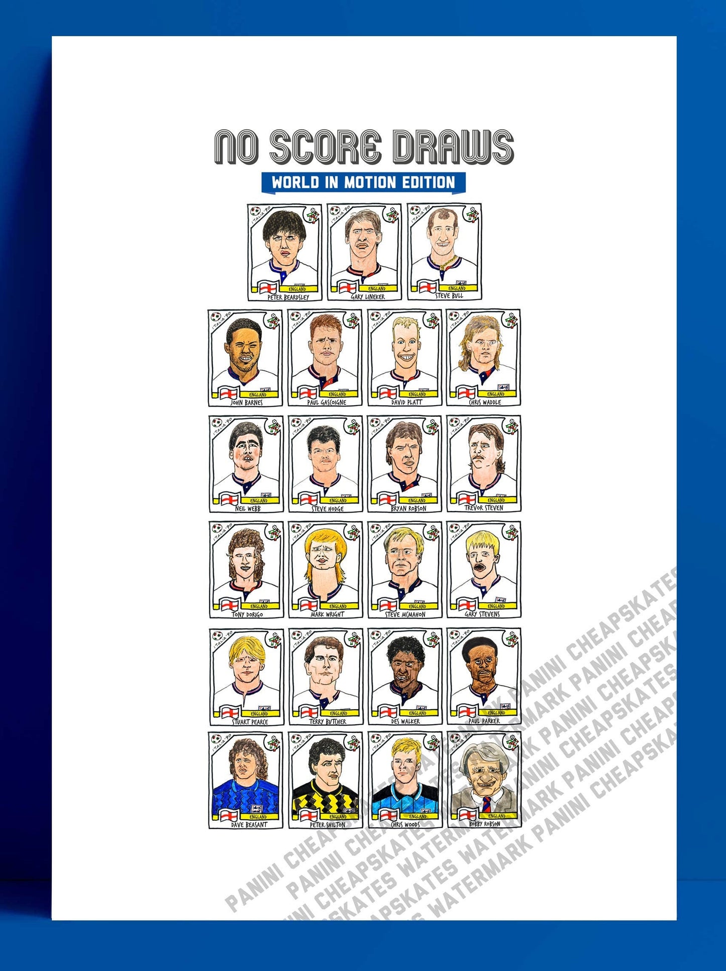 World In Motion - No Score Draws England 1990 Edition - A3 print of 23 hand-drawn Panini-style Italia '90 legends - Cheapskate football art