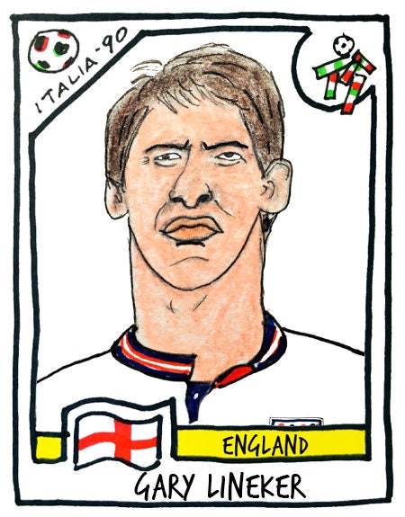 World In Motion - No Score Draws England 1990 Edition - A3 print of 23 hand-drawn Panini-style Italia '90 legends - Cheapskate football art