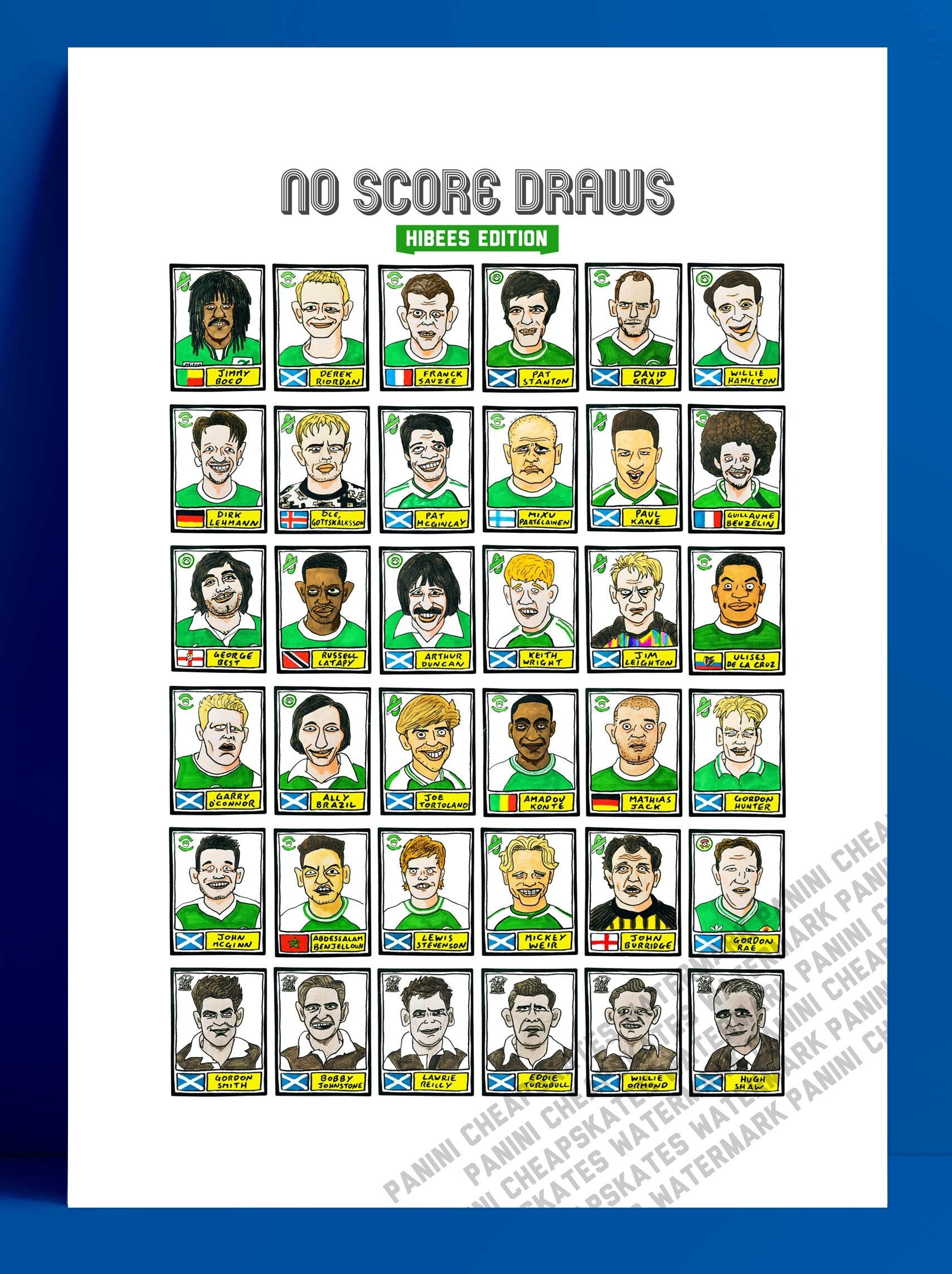 Hibs - No Score Draws Hibees Edition - A3 print of 36 hand-drawn Panini-style Hibernian football legends - Cheapskate football art