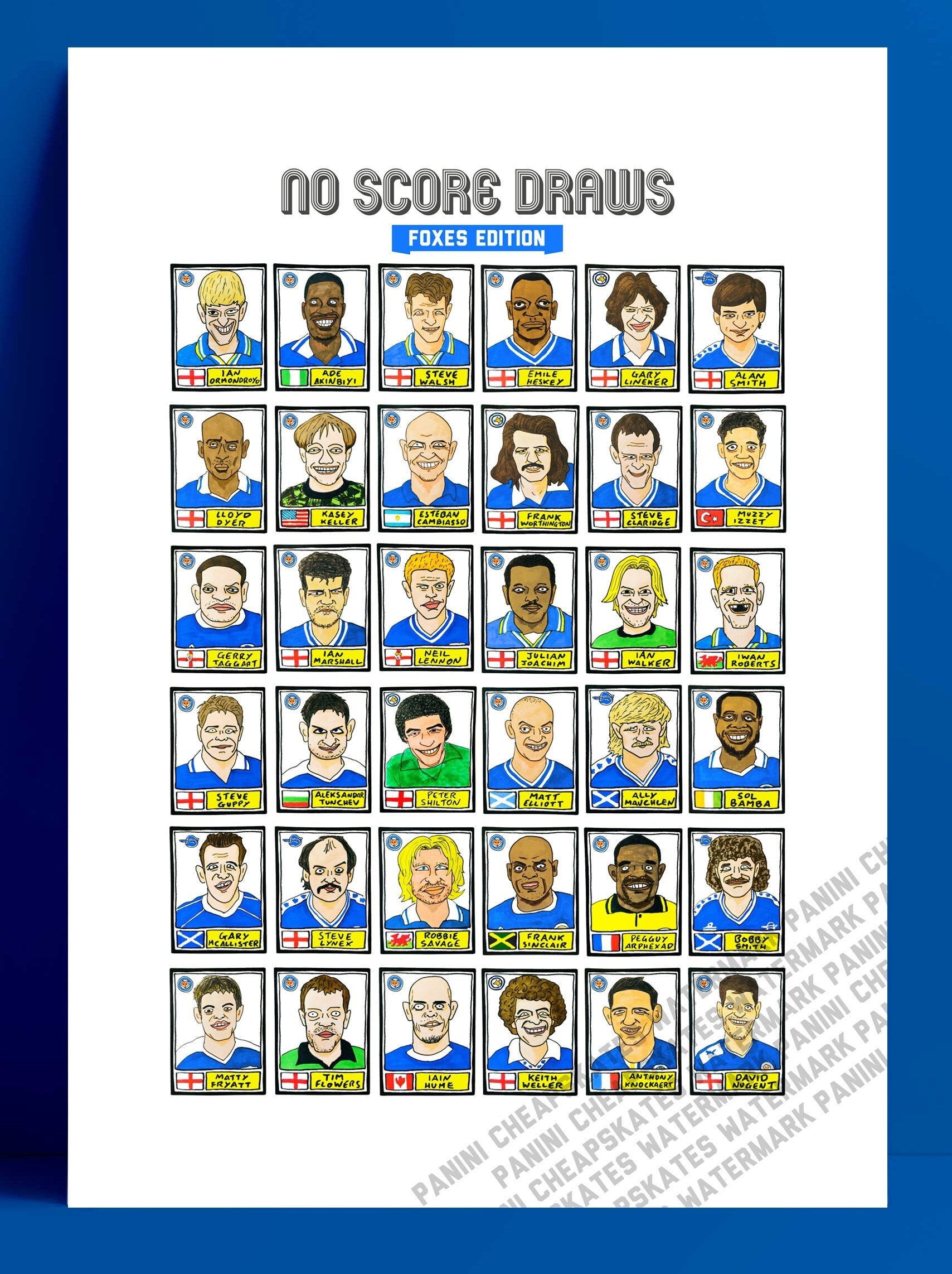 Leicester City Volume 2 - No Score Draws Foxes Edition - A3 print of 36 Panini-style football sticker legends - Cheapskate football art