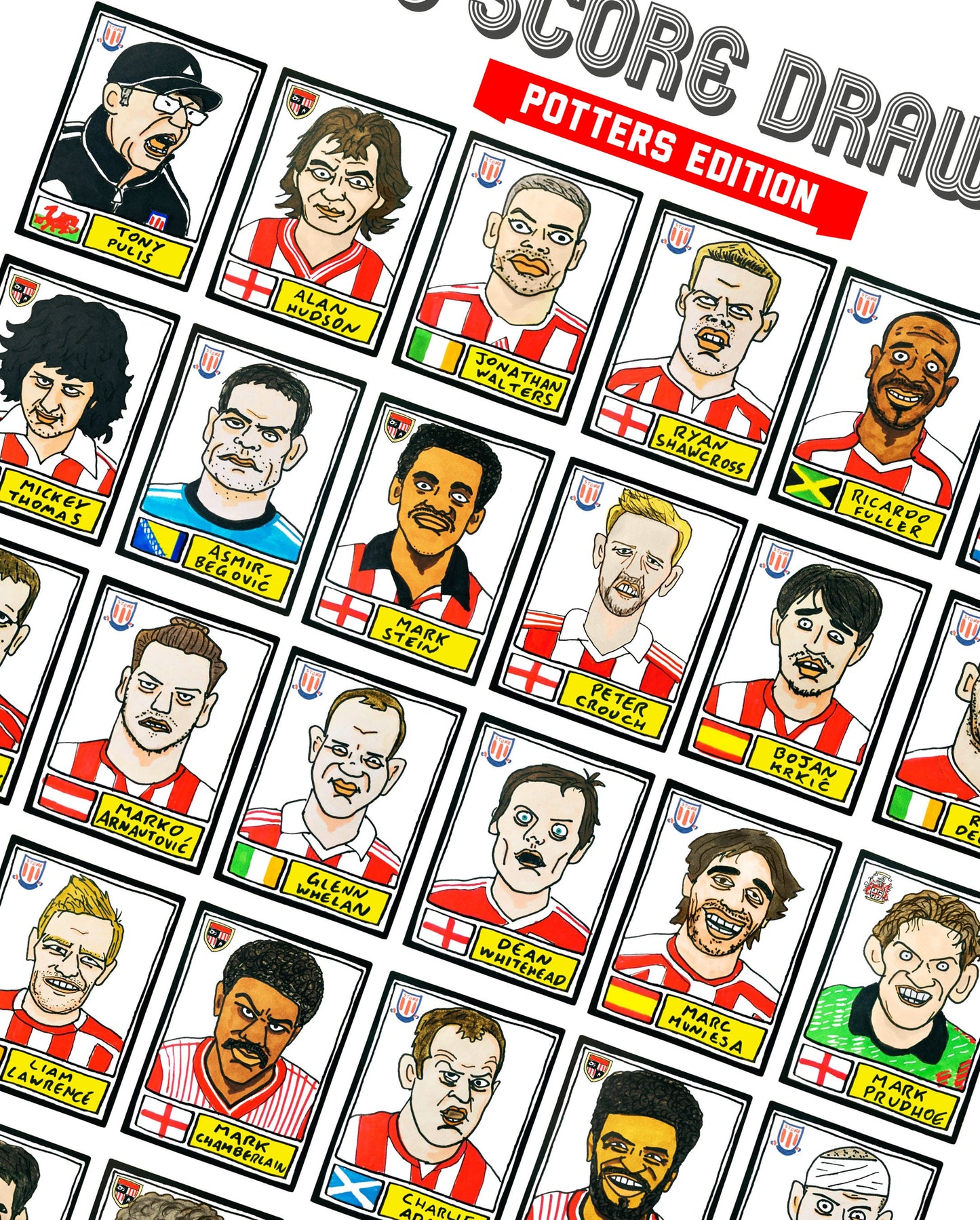 Stoke City Vol 1 - No Score Draws Potters Edition - A3 print of 36 hand-drawn Panini-style SCFC Icons - Cheapskate football art