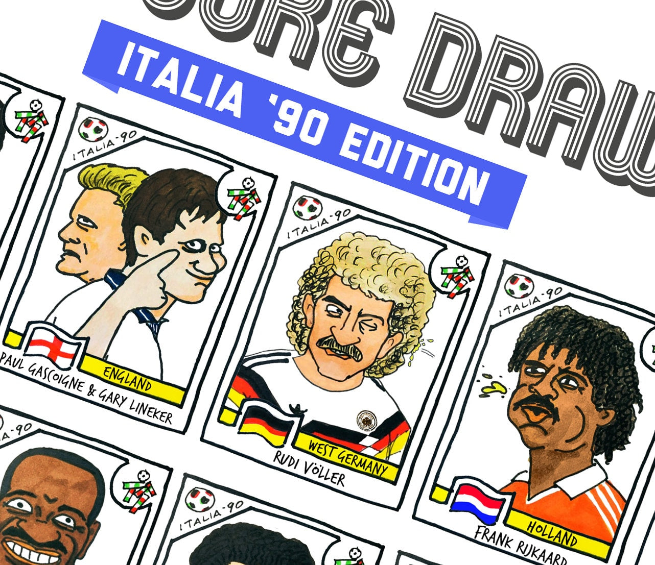 Italia '90 - No Score Draws Italia '90 Edition - A3 print of 36 hand-drawn Panini-style football sticker legends - Cheapskate football art