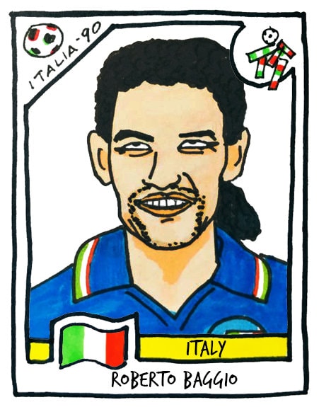 Italia '90 - No Score Draws Italia '90 Edition - A3 print of 36 hand-drawn Panini-style football sticker legends - Cheapskate football art