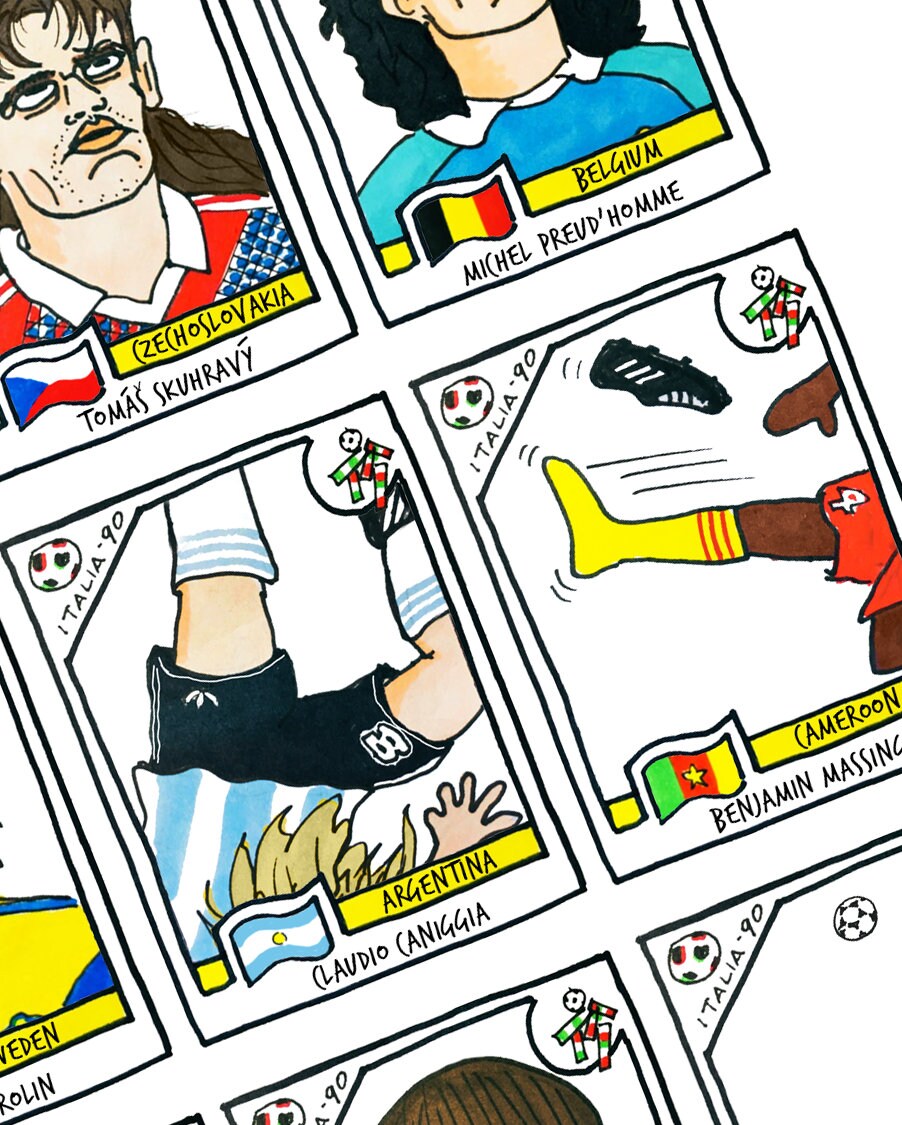 Italia '90 - No Score Draws Italia '90 Edition - A3 print of 36 hand-drawn Panini-style football sticker legends - Cheapskate football art