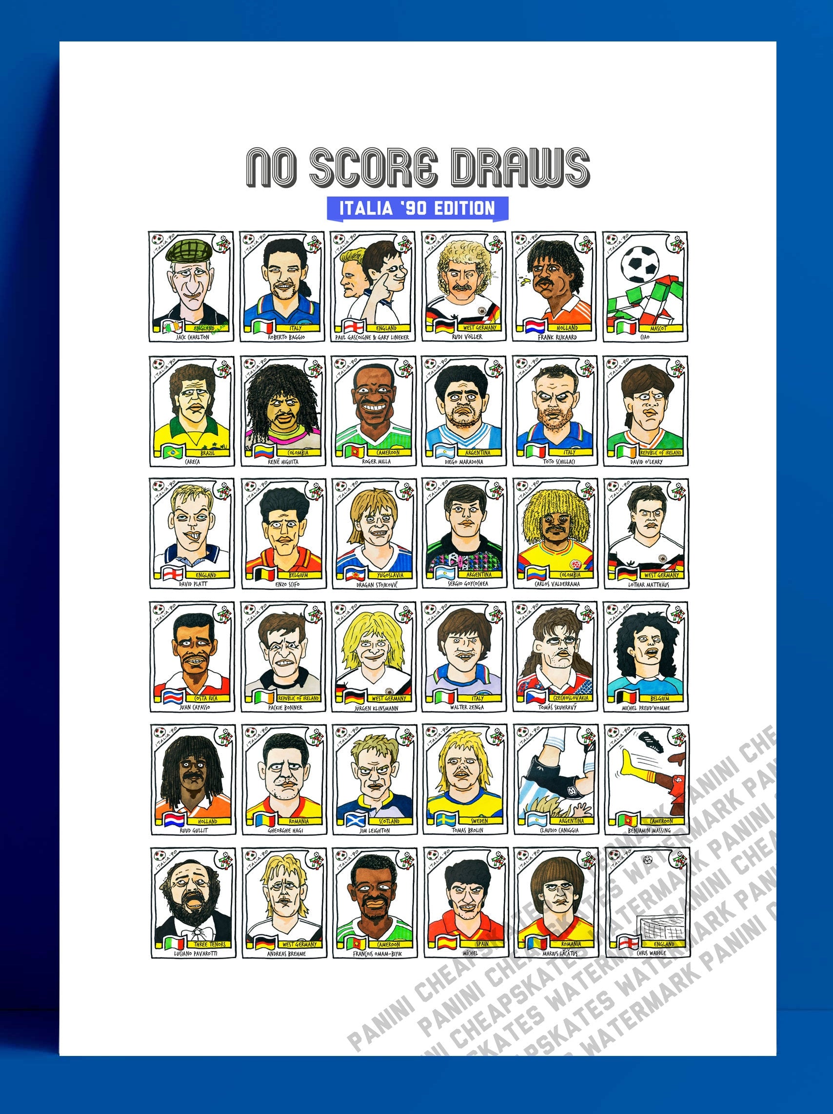 Italia '90 - No Score Draws Italia '90 Edition - A3 print of 36 hand-drawn Panini-style football sticker legends - Cheapskate football art