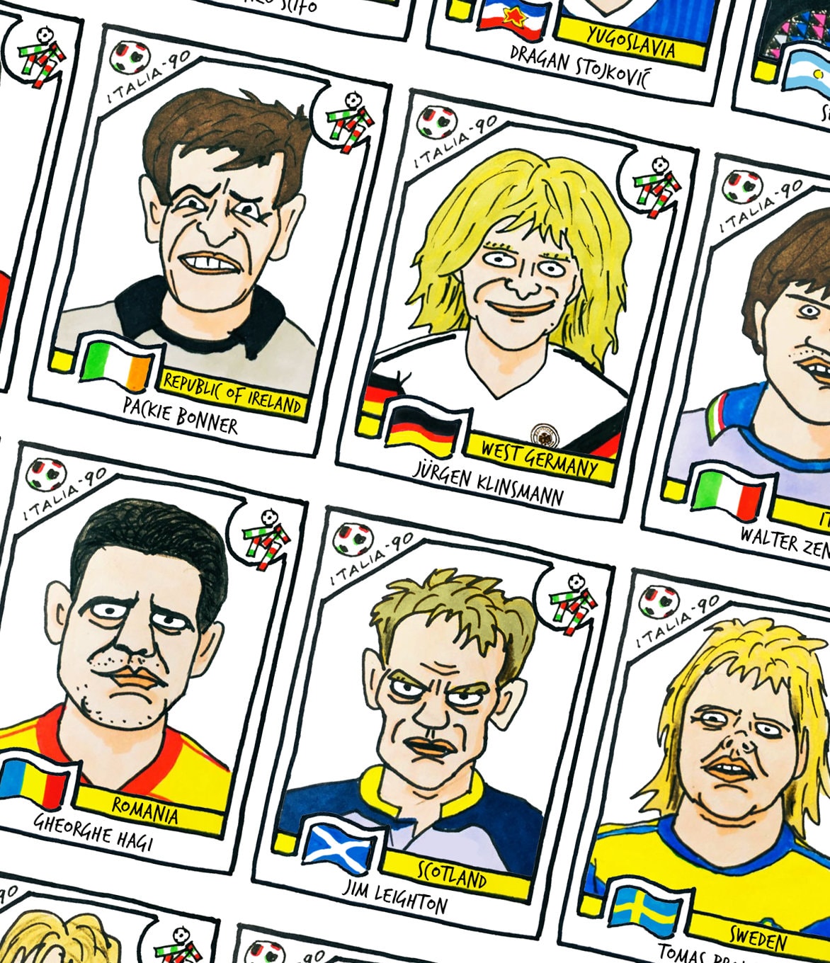 Italia '90 - No Score Draws Italia '90 Edition - A3 print of 36 hand-drawn Panini-style football sticker legends - Cheapskate football art