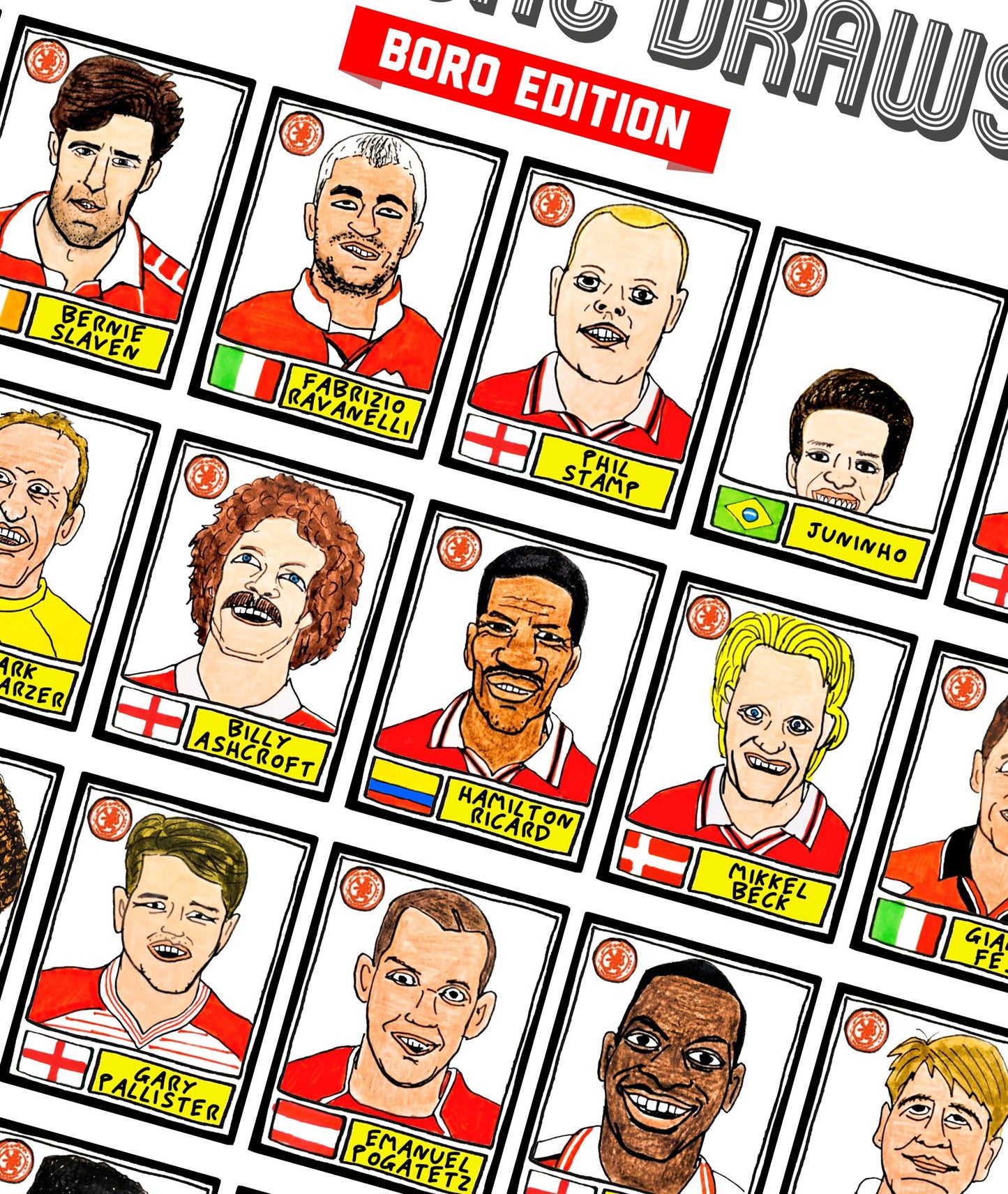 Middlesbrough - No Score Draws Boro Edition - A3 print of 36 hand-drawn Panini-style football sticker legends - Cheapskate football art