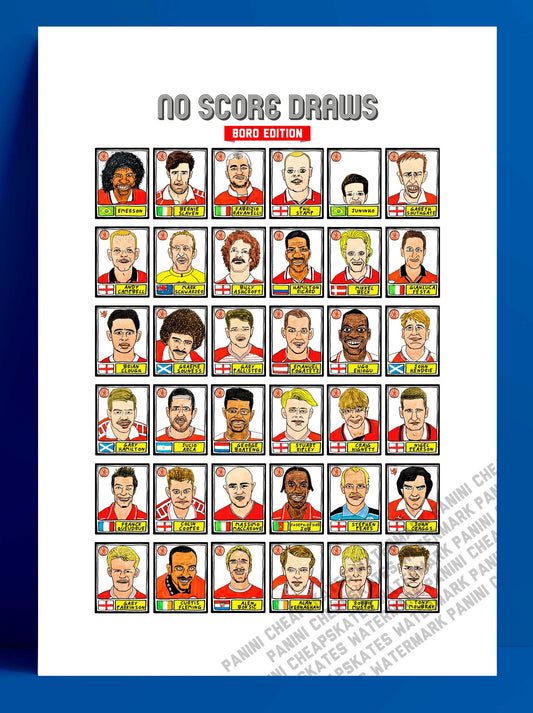 Middlesbrough - No Score Draws Boro Edition - A3 print of 36 hand-drawn Panini-style football sticker legends - Cheapskate football art