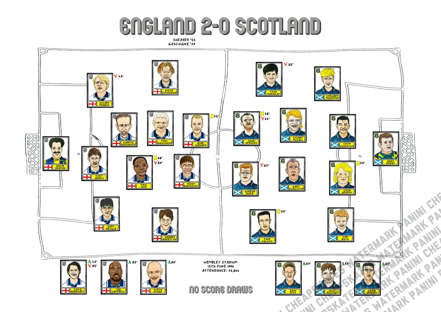 England v Scotland Euro 96 - A3 print - Wonky hand-drawn Panini-style drawings commemorating the Euro '96 clash between England and Scotland