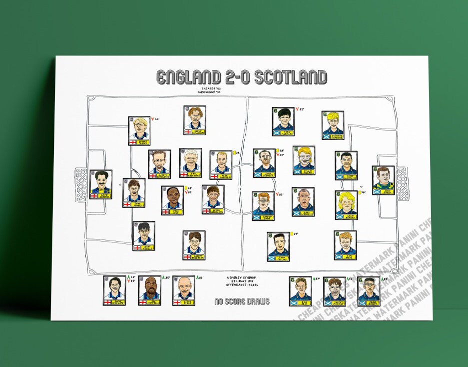 England v Scotland Euro 96 - A3 print - Wonky hand-drawn Panini-style drawings commemorating the Euro '96 clash between England and Scotland