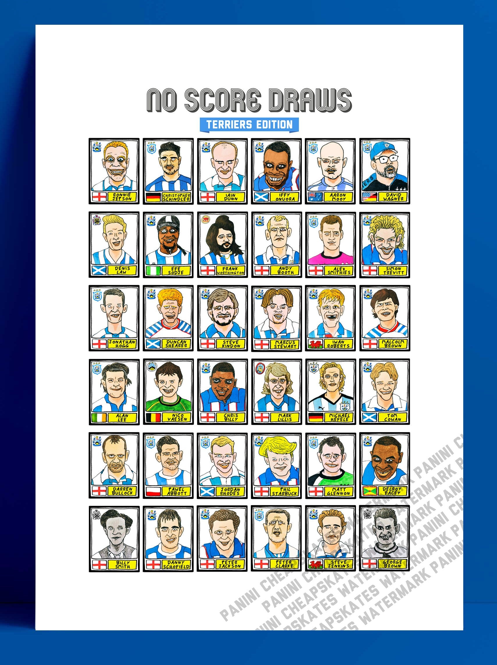 Huddersfield Town - No Score Draws Terriers Edition - A3 print of 36 hand-drawn Panini-style HTAFC sticker legends - Cheapskate football art