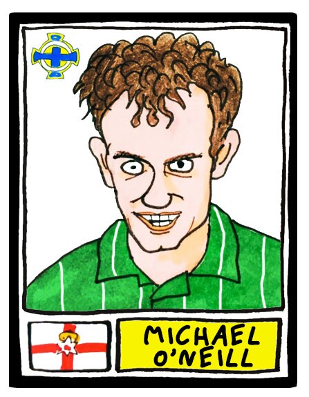 Northern Ireland - No Score Draws Norn Iron Edition - A3 print of 36 hand-drawn Panini-style football legends - Cheapskate football art