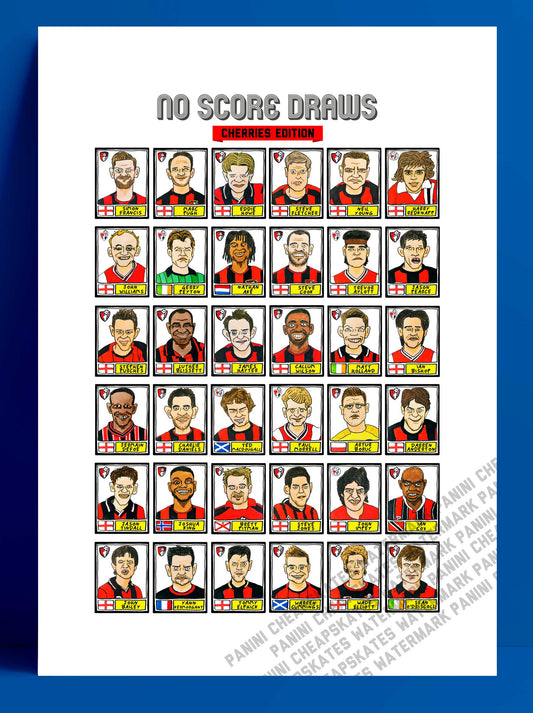 Bournemouth - No Score Draws Cherries Edition - A3 print of 36 hand-drawn Panini-style AFCB football legends - Cheapskate football art