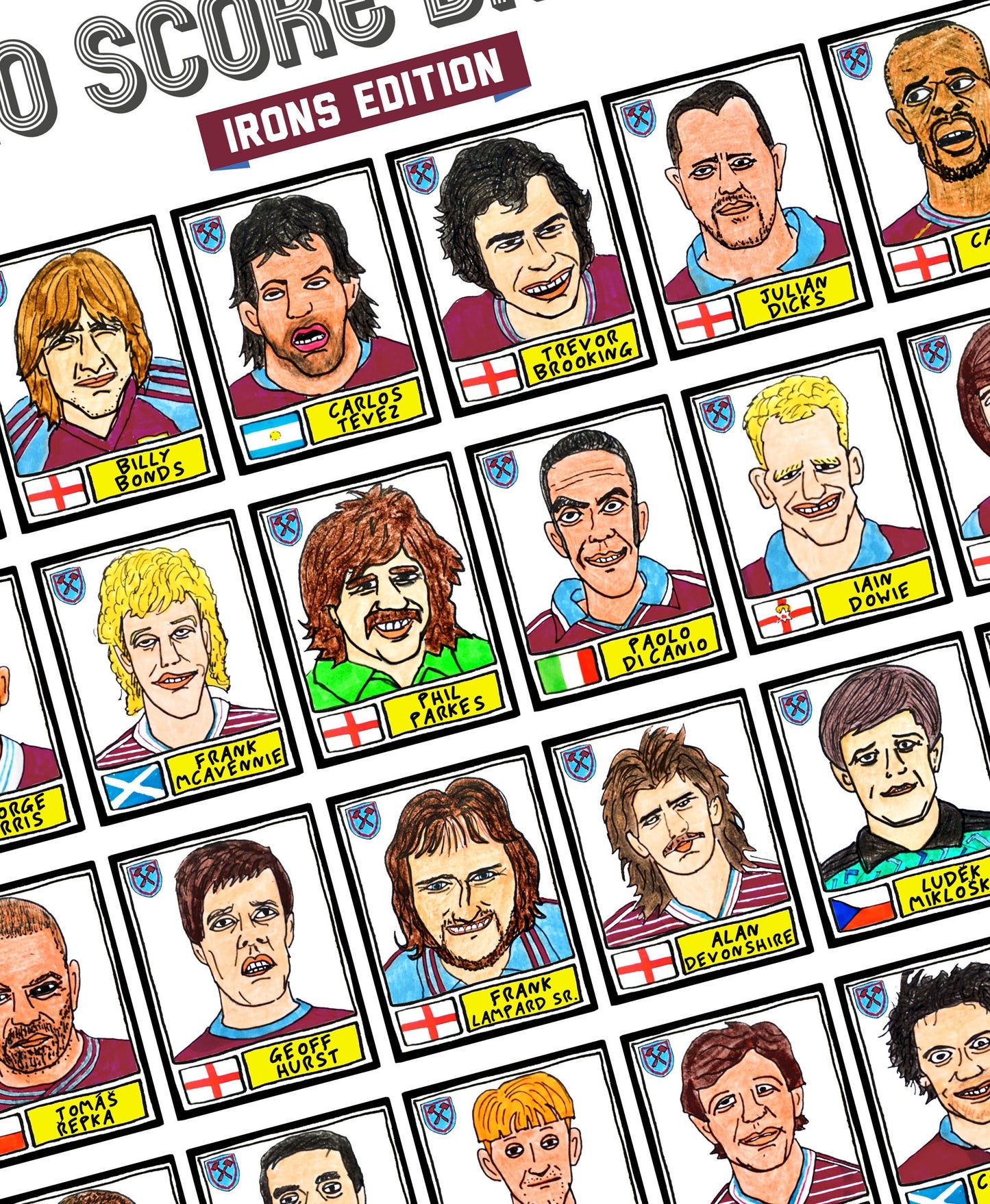 West Ham - No Score Draws Irons Edition - A3 print of 36 hand-drawn Panini-style football sticker legends - Cheapskate football art