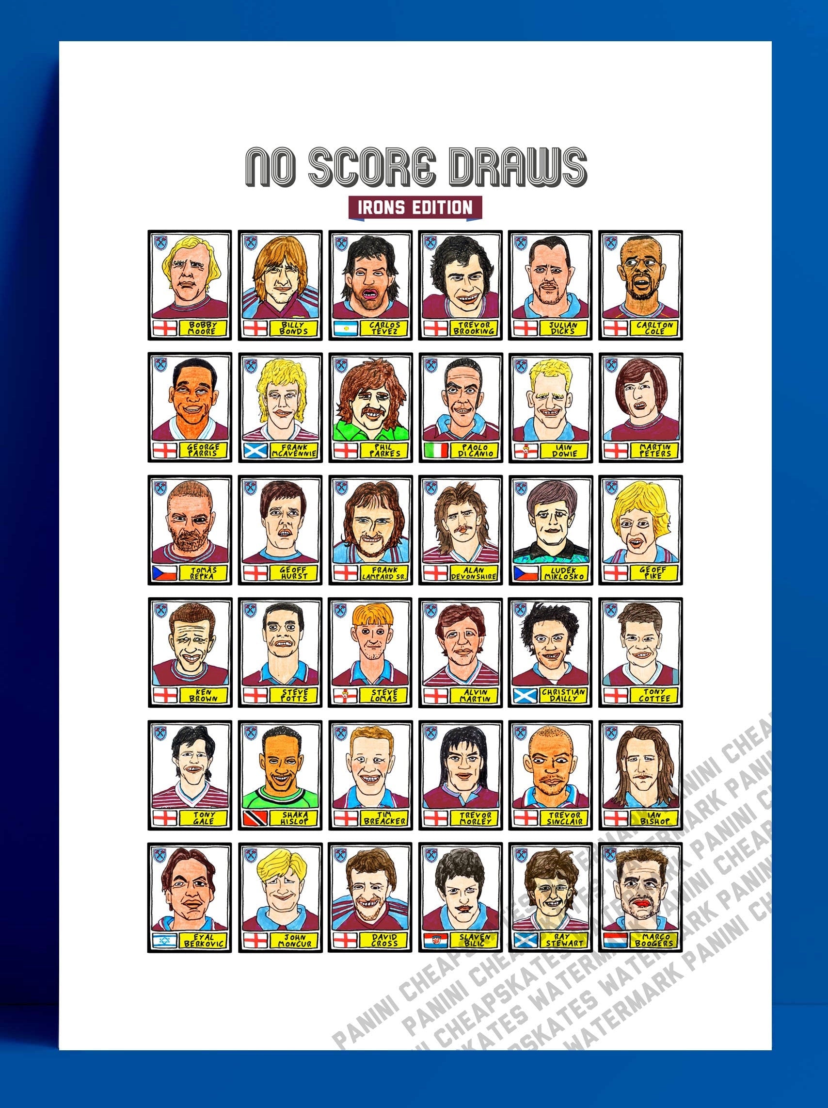 West Ham - No Score Draws Irons Edition - A3 print of 36 hand-drawn Panini-style football sticker legends - Cheapskate football art