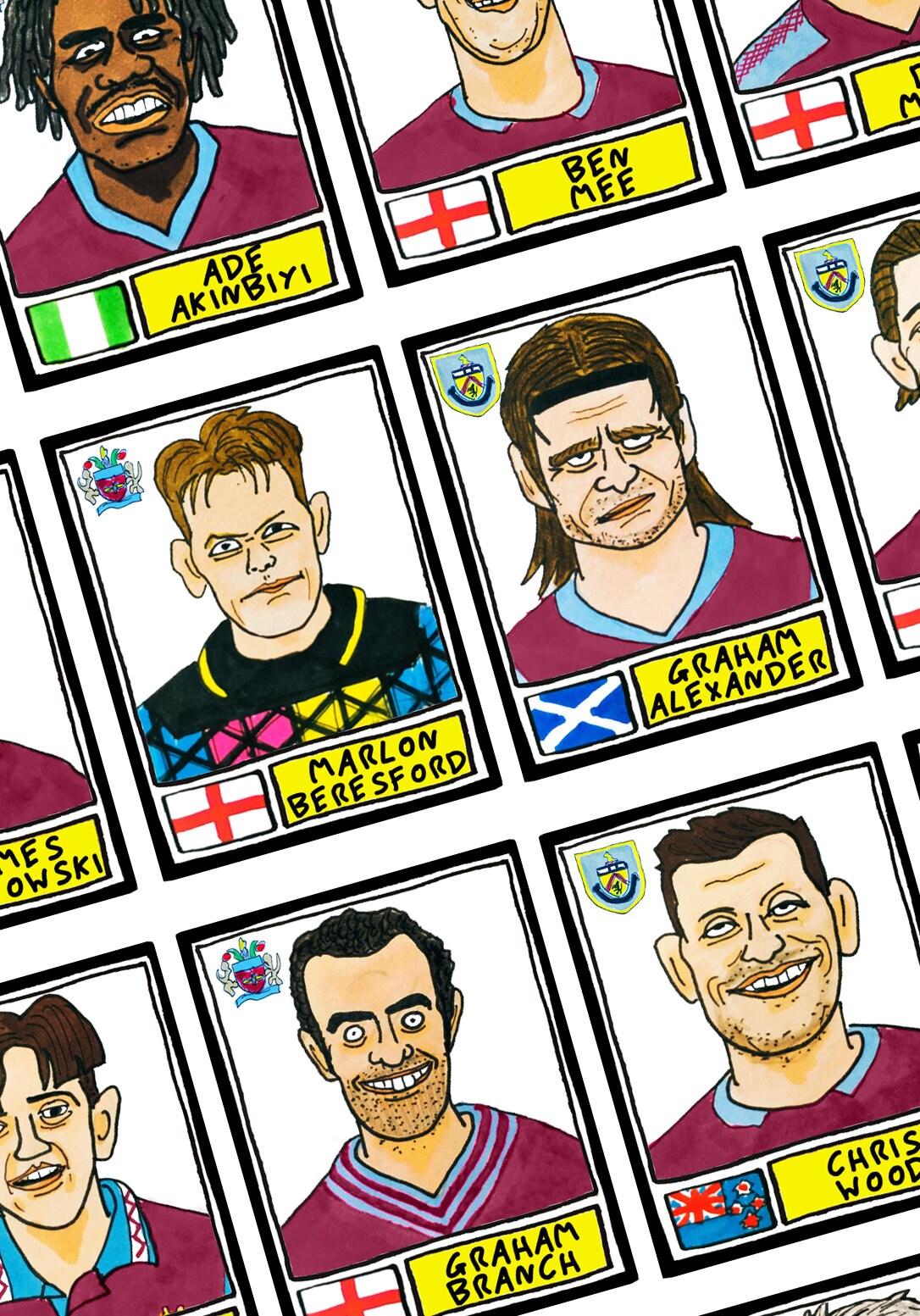 Burnley - No Score Draws Clarets Edition - A3 print of 36 hand-drawn Panini-style Burnley FC football legends - Cheapskate football art