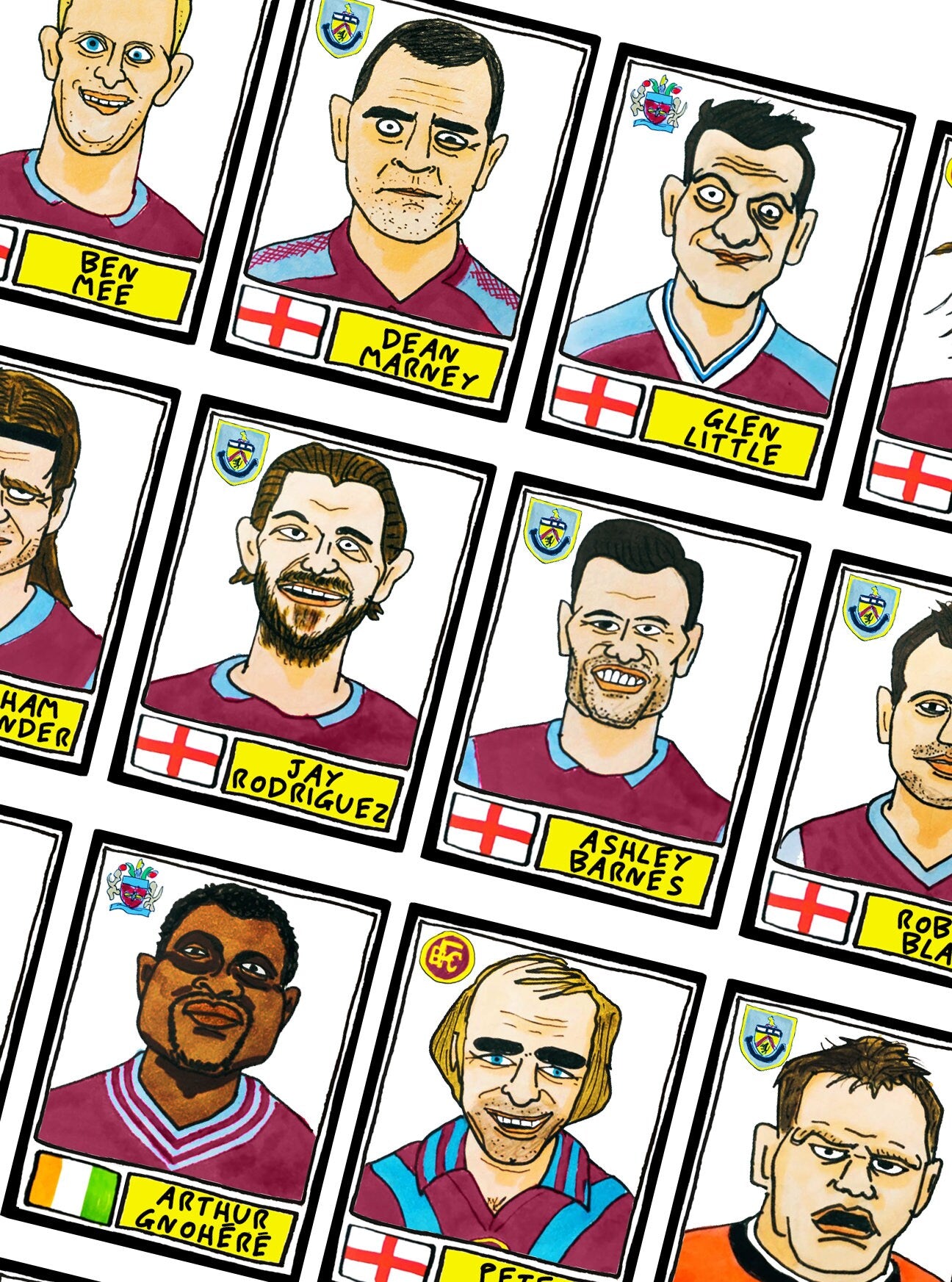 Burnley - No Score Draws Clarets Edition - A3 print of 36 hand-drawn Panini-style Burnley FC football legends - Cheapskate football art