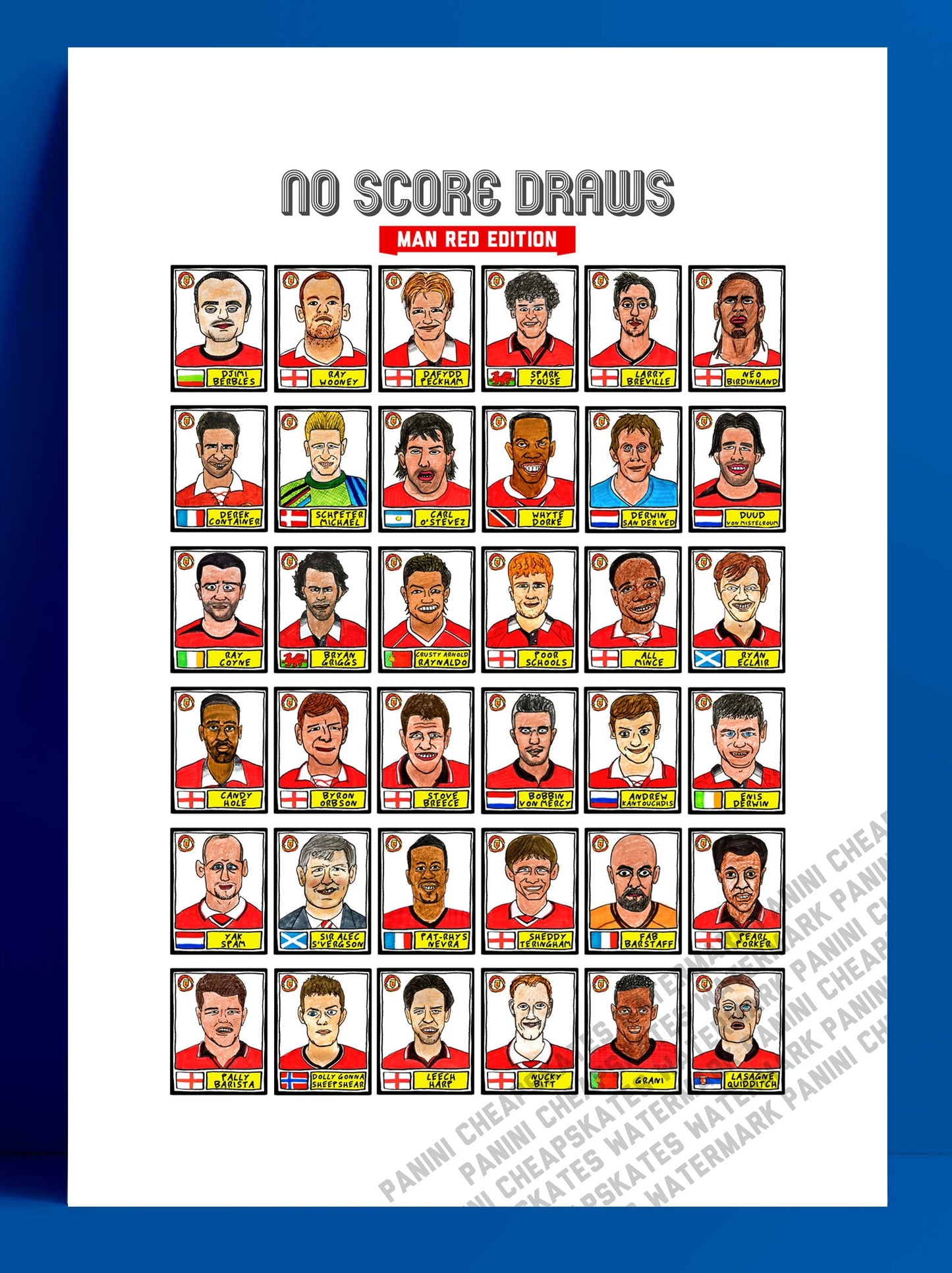 Definitely NOT Man United - No Score Draws Man Red Edition - A3 print of 36 hand-drawn Panini-style NOT Man Utd football legends