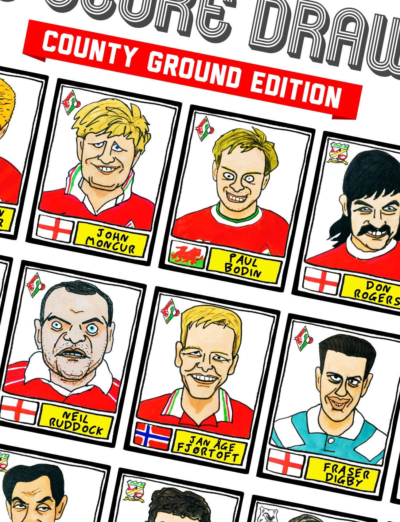 Swindon Town - No Score Draws County Ground Edition - A3 print of 36 hand-drawn Panini-style STFC football legends - Cheapskate football art