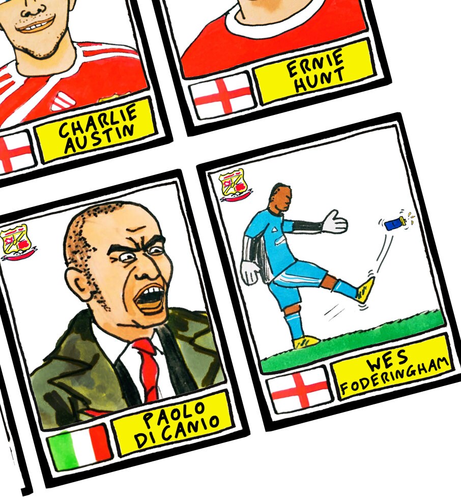 Swindon Town - No Score Draws County Ground Edition - A3 print of 36 hand-drawn Panini-style STFC football legends - Cheapskate football art