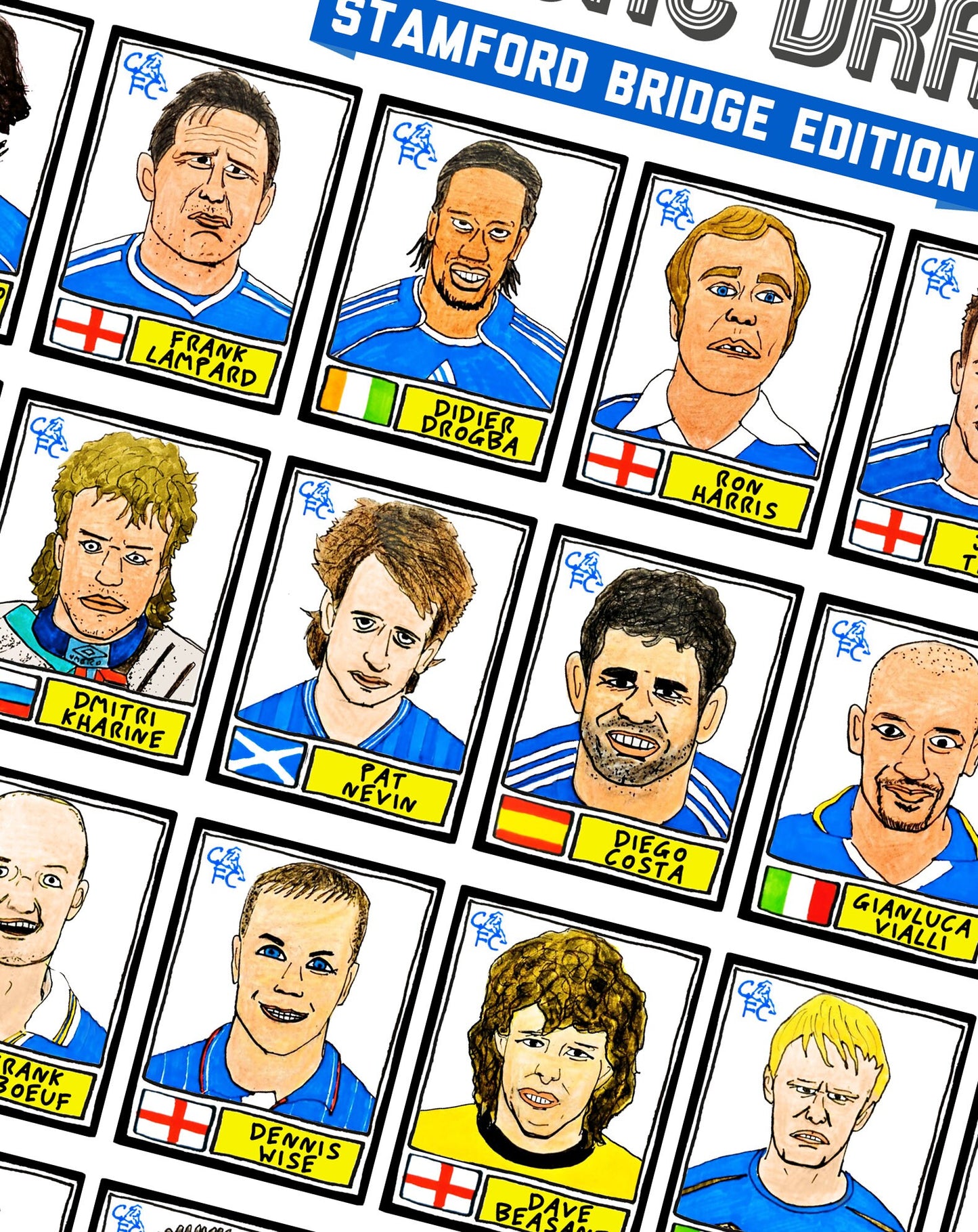 Chelsea - No Score Draws Stamford Bridge Edition - A3 print of 36 hand-drawn Panini-style football sticker legends - Cheapskate football art