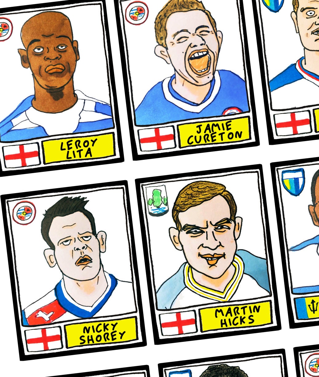 Reading - No Score Draws Royals Edition - A3 print of 36 hand-drawn Panini-style Reading football sticker legends - Cheapskate football art