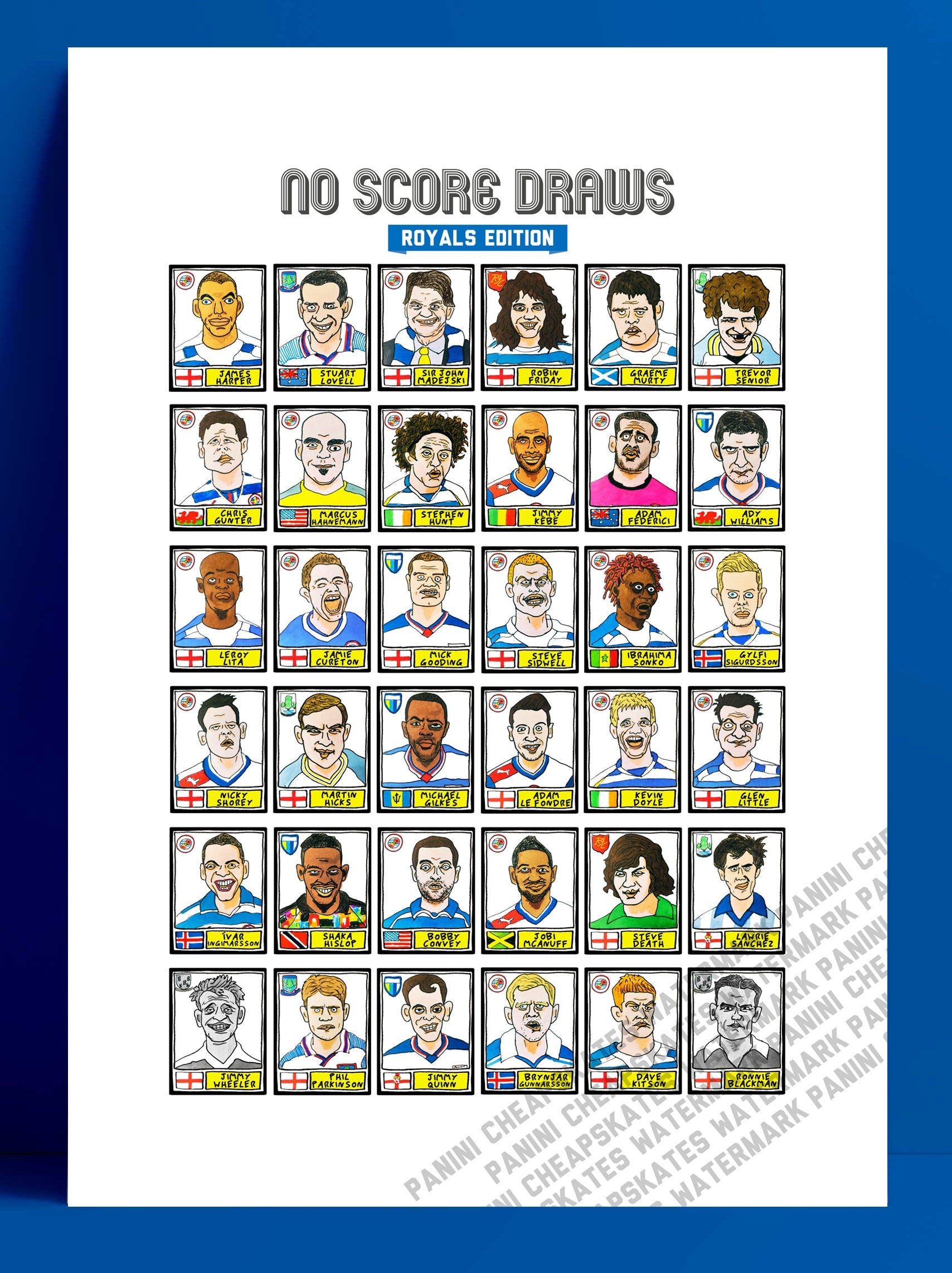 Reading - No Score Draws Royals Edition - A3 print of 36 hand-drawn Panini-style Reading football sticker legends - Cheapskate football art