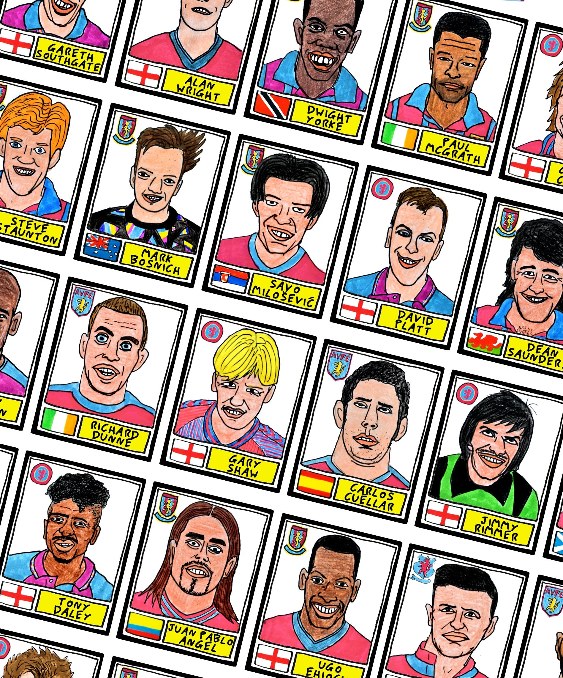 Aston Villa - No Score Draws Villans Edition - A3 print of 36 hand-drawn Panini-style football sticker legends - Cheapskate football art