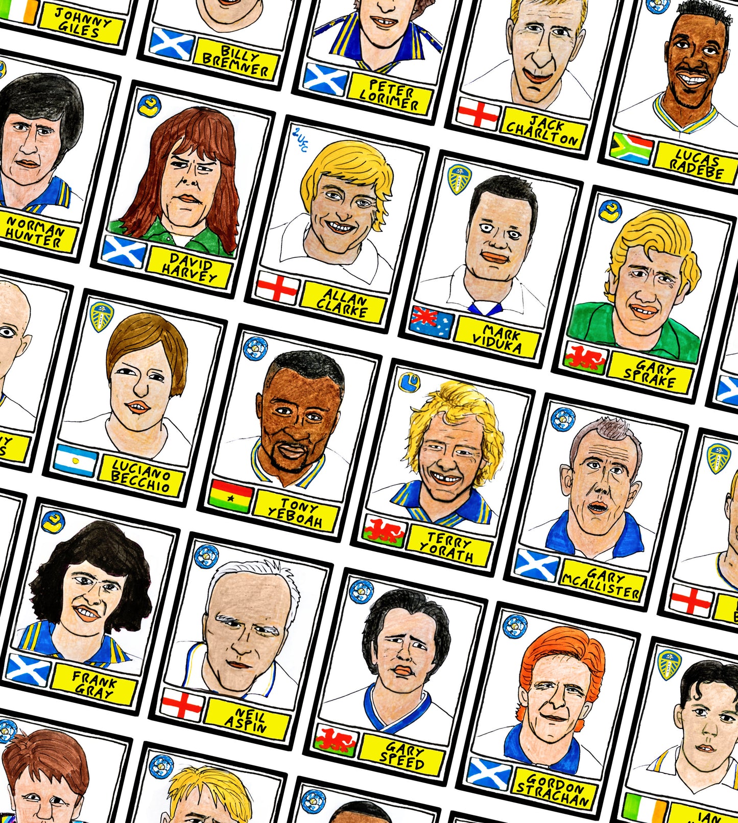 Leeds Utd Volume 1 - No Score Draws Elland Road Edition - A3 print of 36 hand-drawn Panini-style LUFC legends - Cheapskate football art