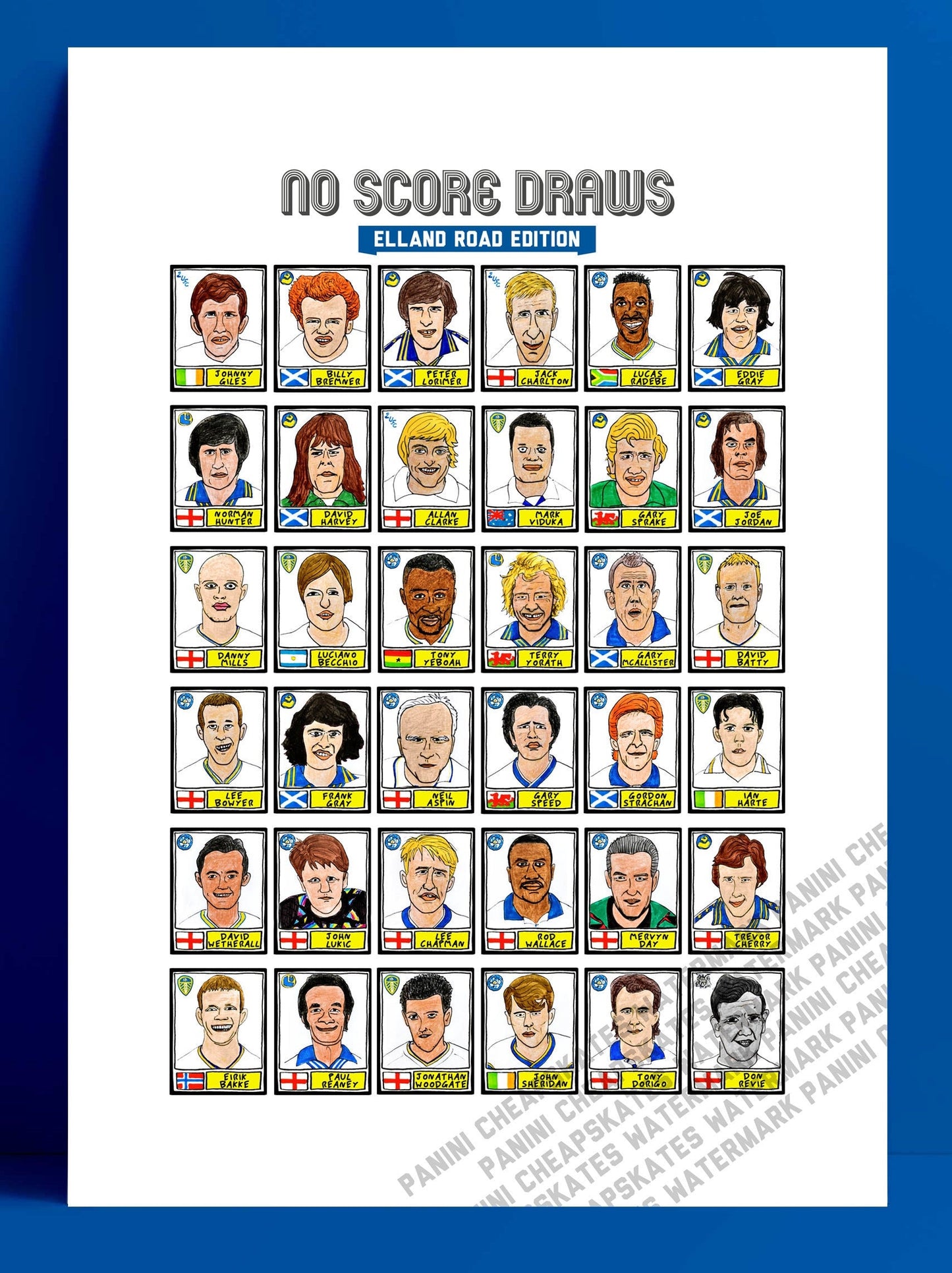 Leeds Utd Volume 1 - No Score Draws Elland Road Edition - A3 print of 36 hand-drawn Panini-style LUFC legends - Cheapskate football art