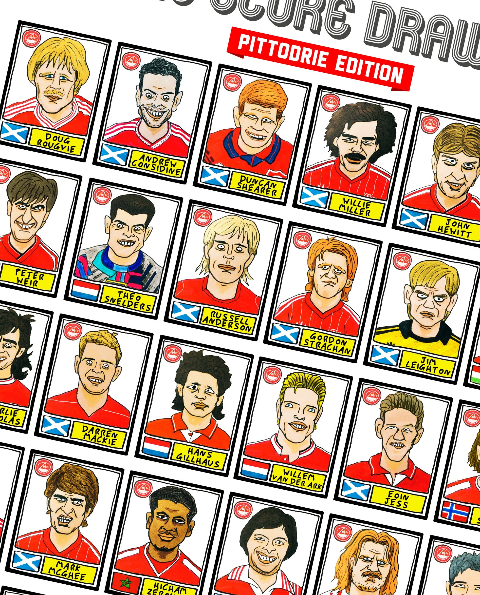 Aberdeen - No Score Draws Pittodrie Edition - A3 print of 36 hand-drawn Panini-style Aberdeen FC football legends - Cheapskate football art