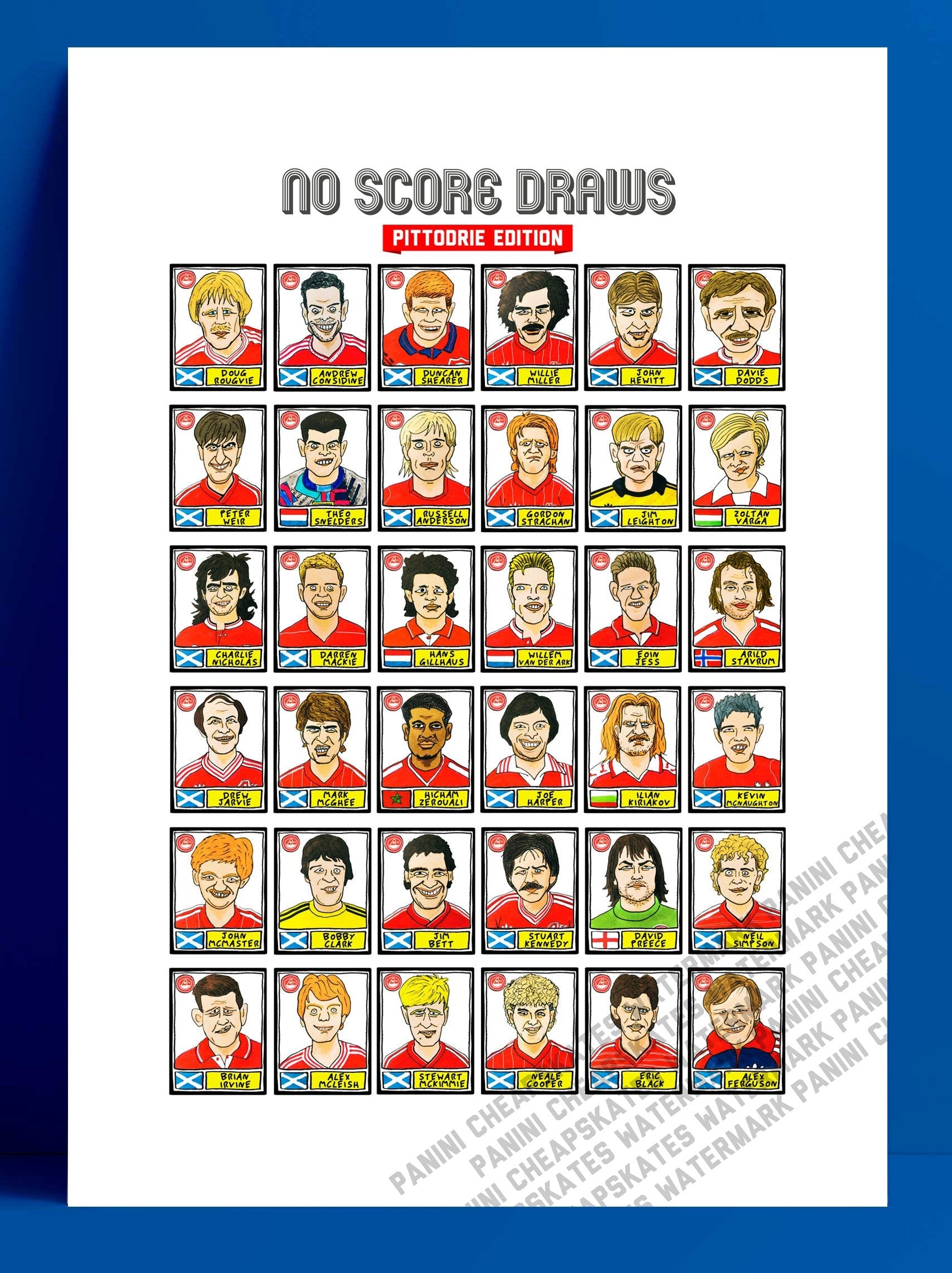 Aberdeen - No Score Draws Pittodrie Edition - A3 print of 36 hand-drawn Panini-style Aberdeen FC football legends - Cheapskate football art