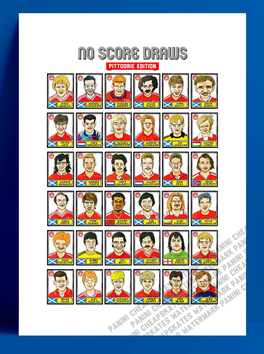 Aberdeen - No Score Draws Pittodrie Edition - A3 print of 36 hand-drawn Panini-style Aberdeen FC football legends - Cheapskate football art