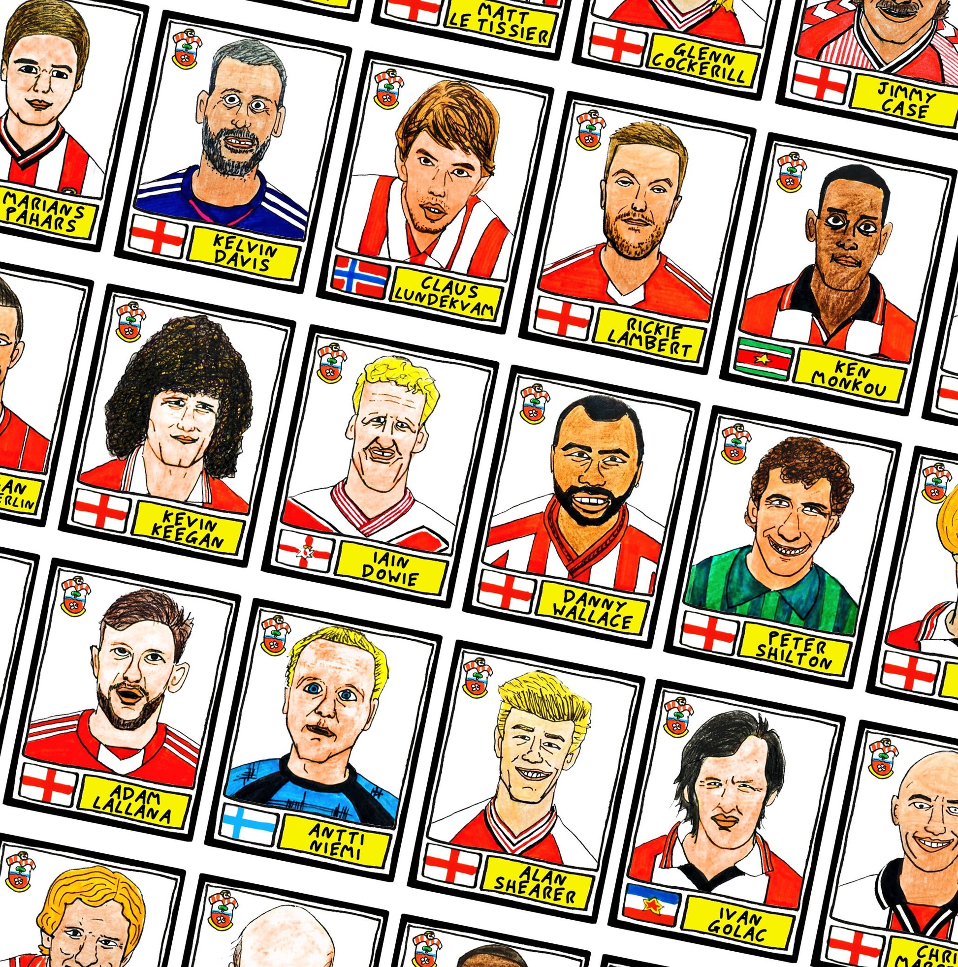 Southampton - No Score Draws Saints Edition - A3 print of 36 hand-drawn Panini-style football legends - Cheapskate football art