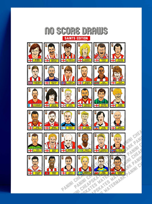 Southampton - No Score Draws Saints Edition - A3 print of 36 hand-drawn Panini-style football legends - Cheapskate football art