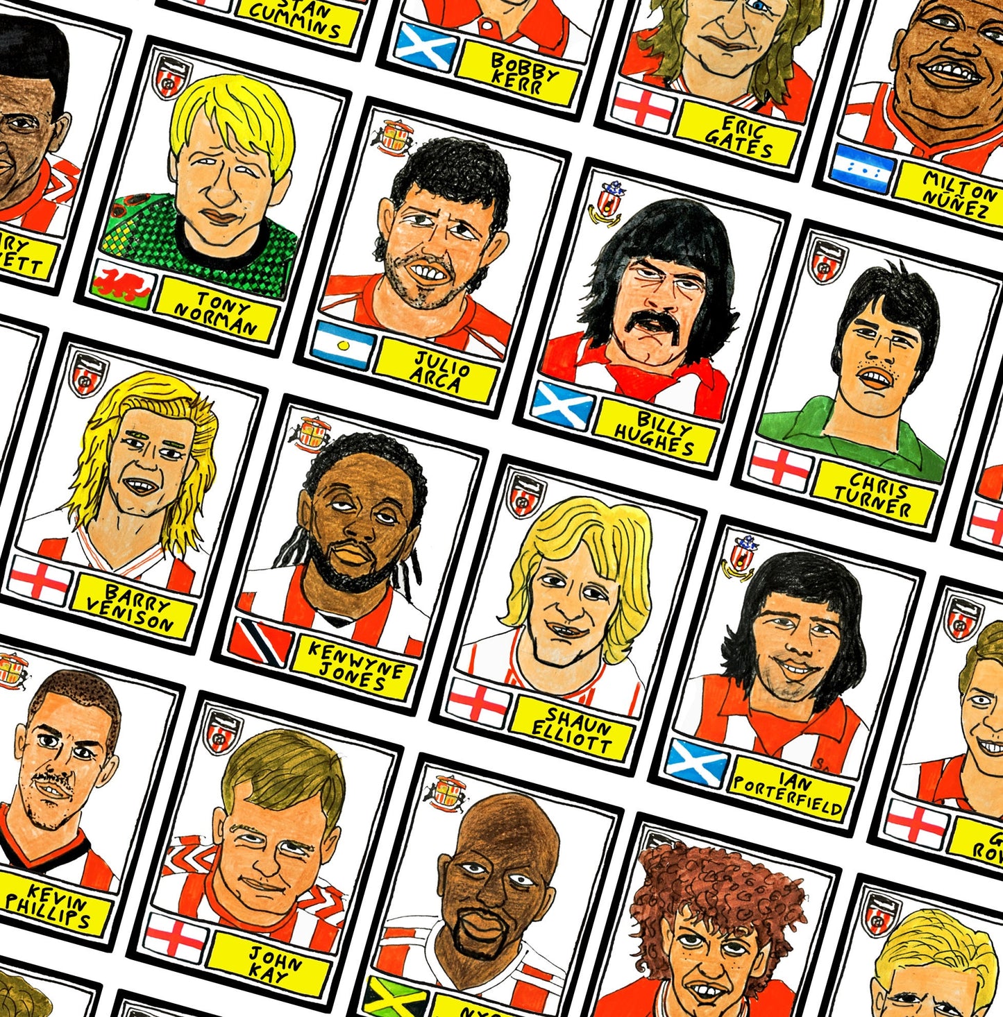 Sunderland - No Score Draws Black Cats Edition - A3 print of 36 hand-drawn Panini-style football sticker legends - Cheapskate football art