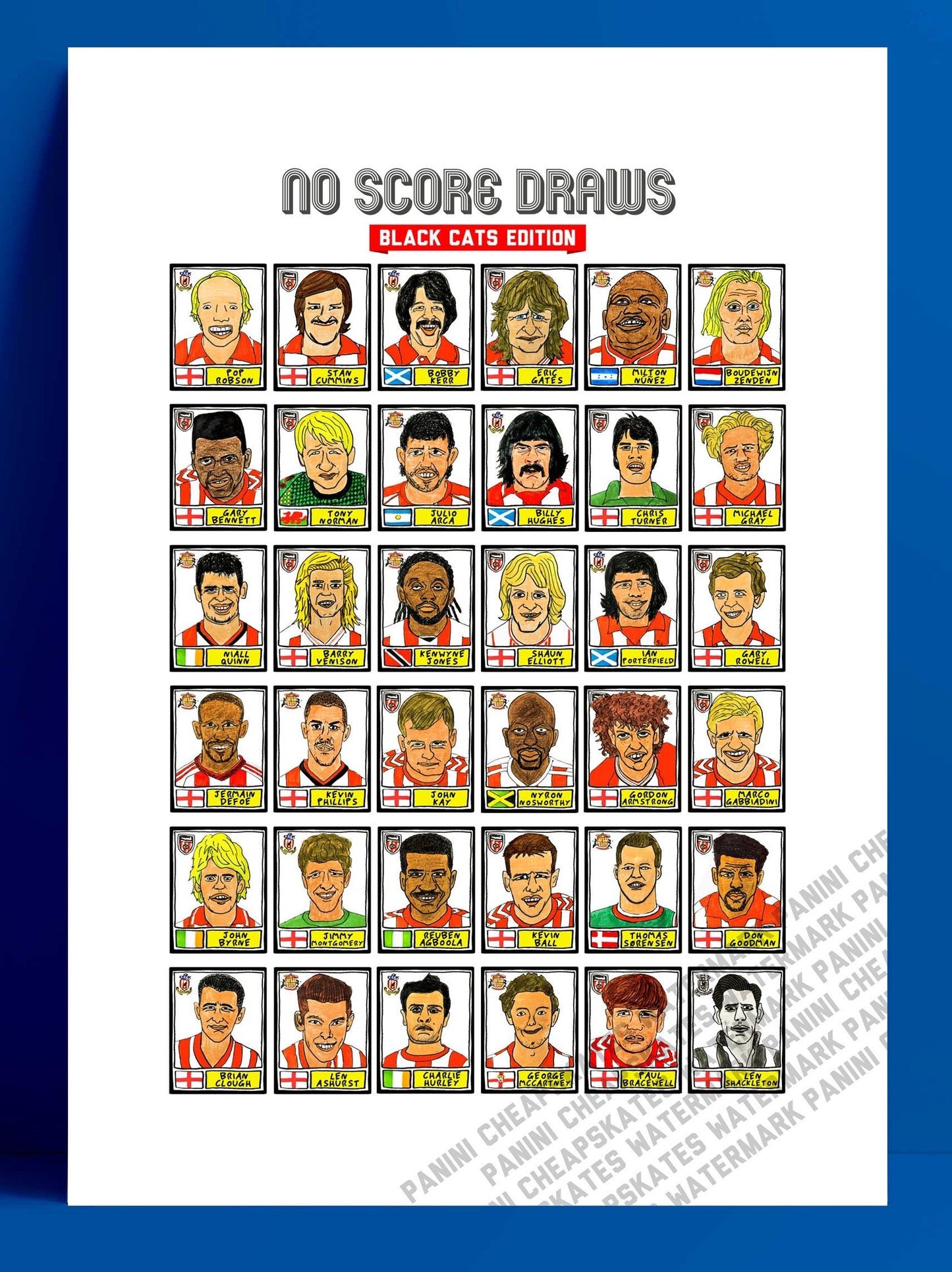 Sunderland - No Score Draws Black Cats Edition - A3 print of 36 hand-drawn Panini-style football sticker legends - Cheapskate football art